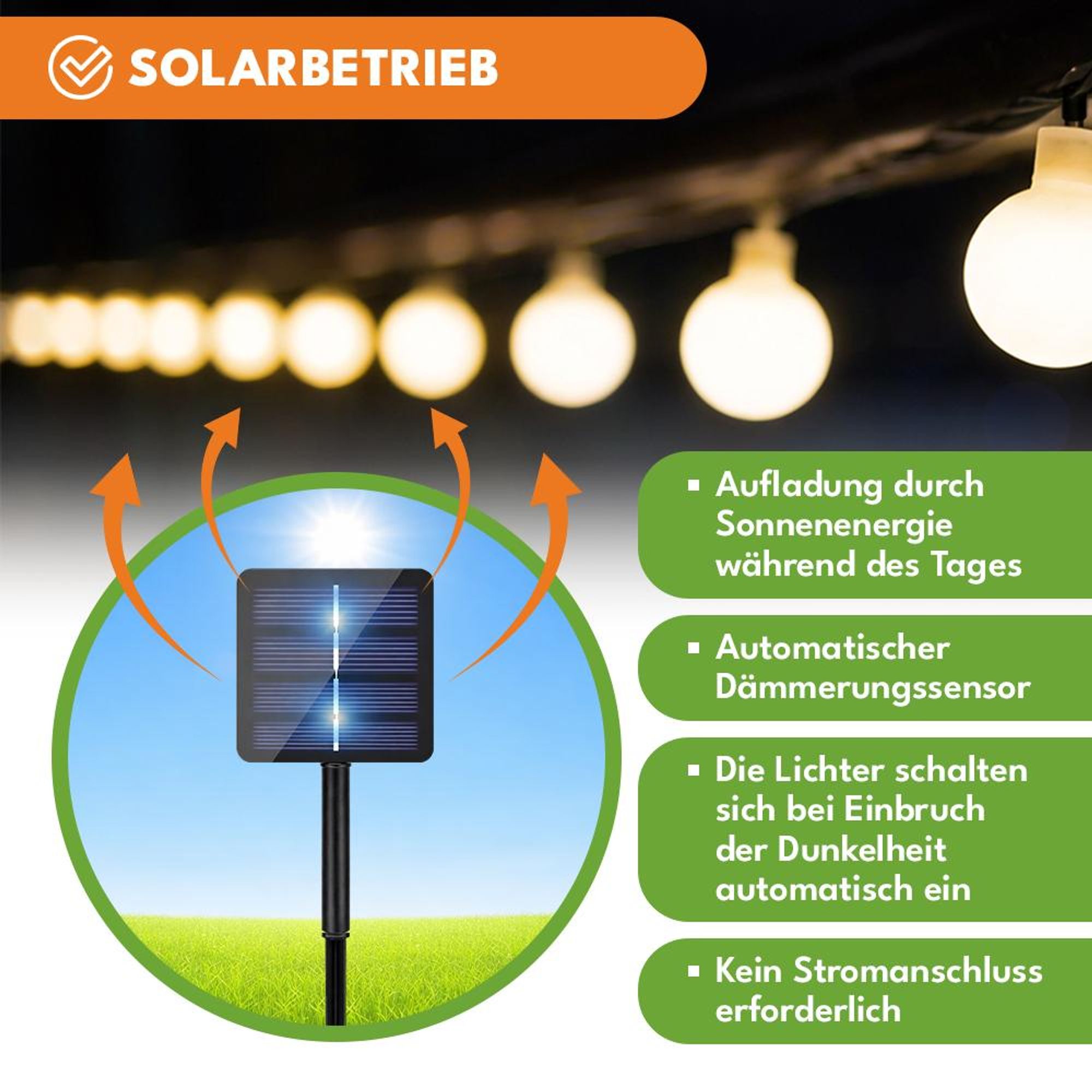 KRUMAD Solar Gartengirlande 50 LED – warmweiße milchige Kugeln – 7 m Solarlichterkette Außen IP65 mit 8 Lichtmodi für Garten, Balkon & Terrasse