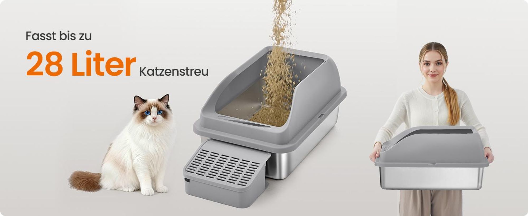 Feandrea Katzenklo Edelstahl, Katzentoilette, offenes Design, mit hohen Seitenwänden, Trittstufe, Schaufel, Bürste, für Katzen bis zu 15 kg