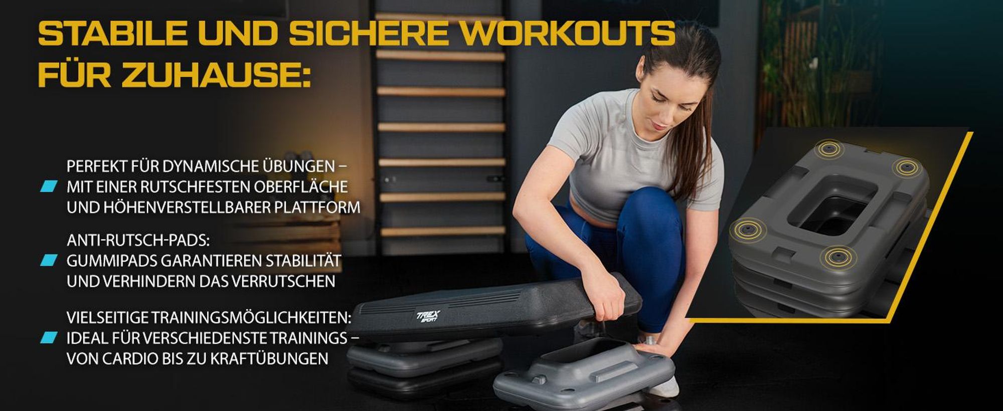 TREX SPORT Steppbrett höhenverstellbar TX-038PAS | Aerobic Stepper 3 Stufen, rutschfest, Fitness Stepbench 71×35×10/15/20 cm, bis 300 kg belastbar