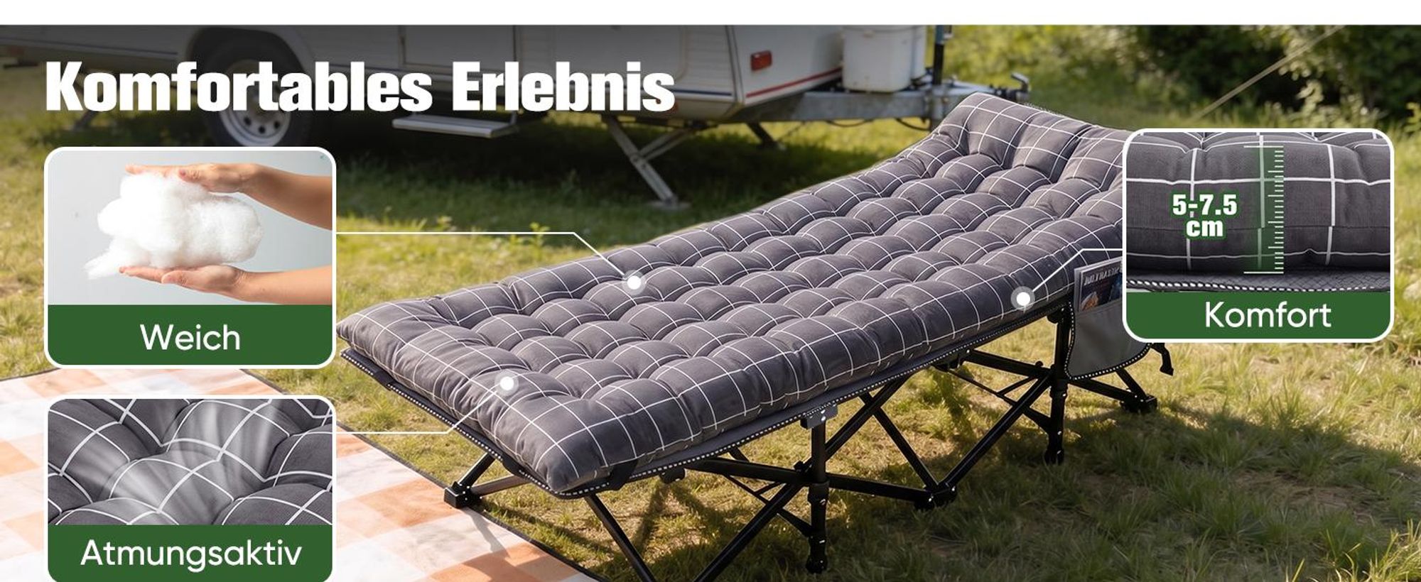 Sekey Tragbares Feldbett mit Matratze, Feldbett Klappbett Tragfähigkeit 200KG Campingbett für Indoor, Outdoor, Camping und Reisen, Blau-Kariert