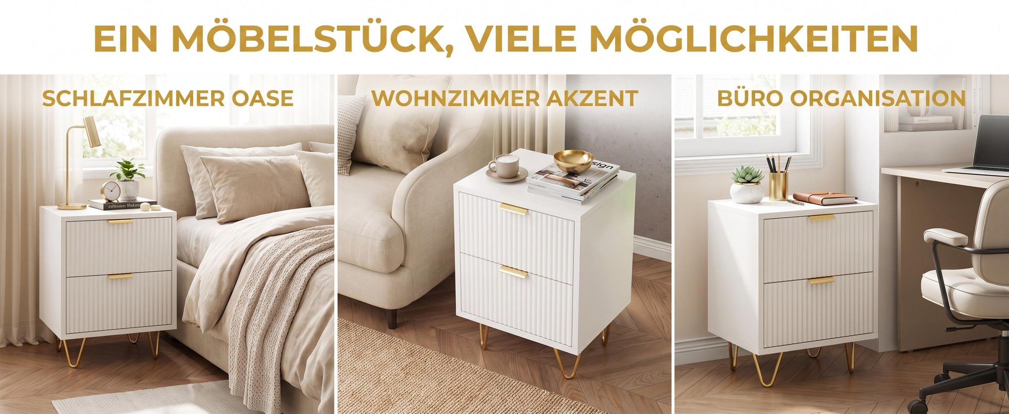 INONEFT 2er Set Nachttische mit 2 Schubladen, Beistelltisch mit Goldgriffen & Metallfüßen, 2 stücke, Nachtschrank Maße 40 x 40 x 55 cm, Weiß