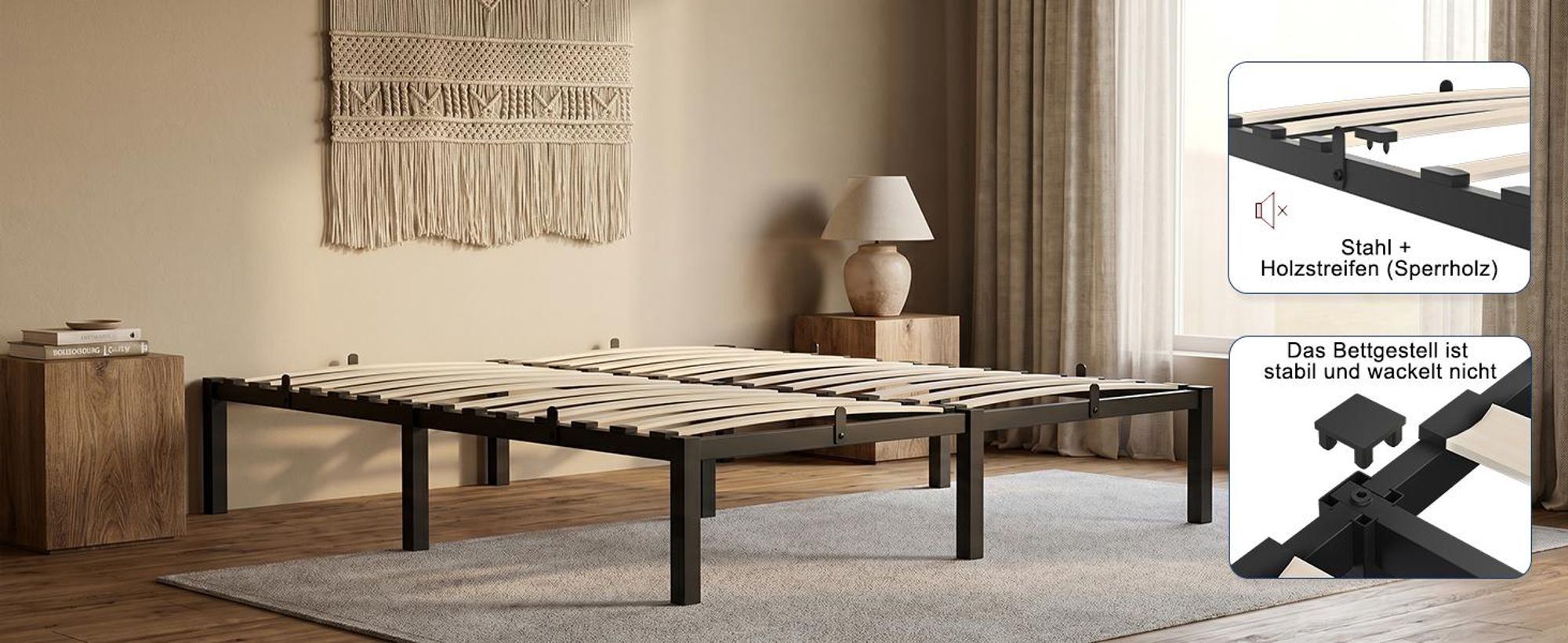 Metallbett 140x200 cm mit Lattenrost, Bettgestell aus Stahl & Holz, 360 kg Belastbar, 26 cm Stauraum, Geräuscharm, Einfache Montage, Schwarz