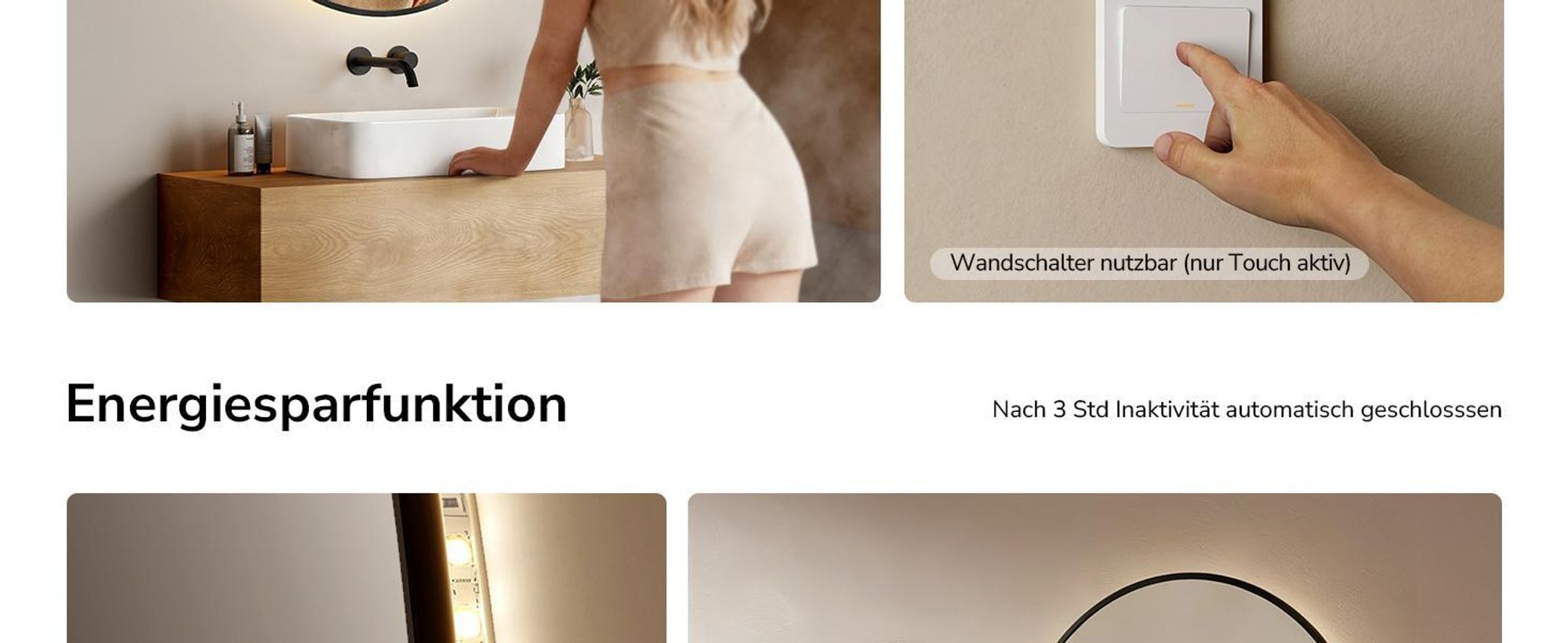 EMKE Badspiegel Rund LED Spiegel mit Beleuchtun ф60cm Schwarzer Rund Badezimmerspiegel mit Beschlagfrei, Uhr, Temperatur, Dimmbar, Memory-Funktion - Neutrale Lichts 4300K