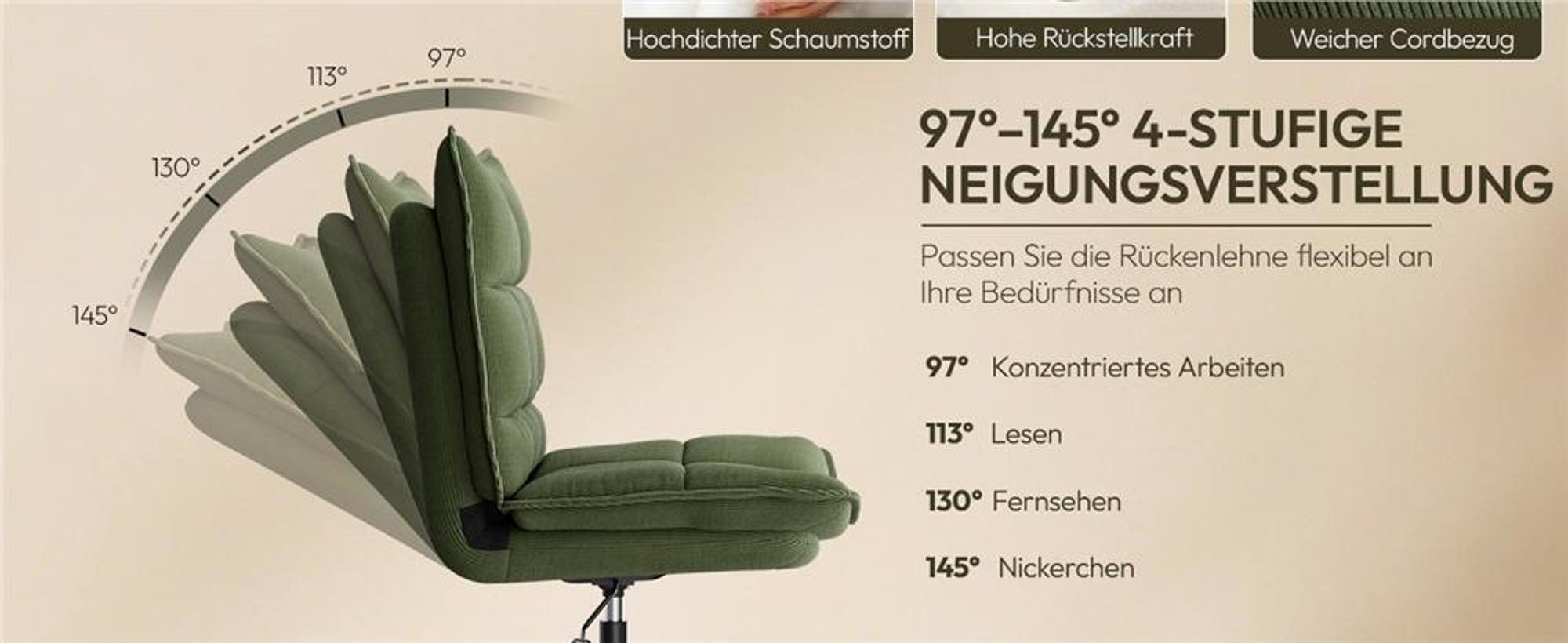 Yaheetech Bürostuhl mit breiter Sitzfläche aus Cordstoff, drehbarer Sessel Loungesessel, neigbar, höhenverstellbar, ohne Armlehnen & Rollen, Grün