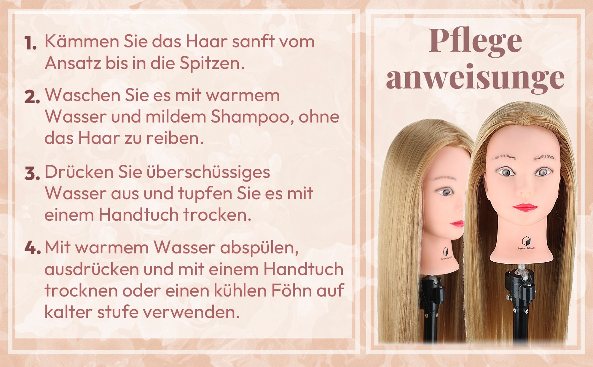 Desire of Goods Übungskopf Friseurkopf Dunkelblond – Tischklemme & Styling-Zubehör – Frisierkopf – Friseurkopf – 70 cm