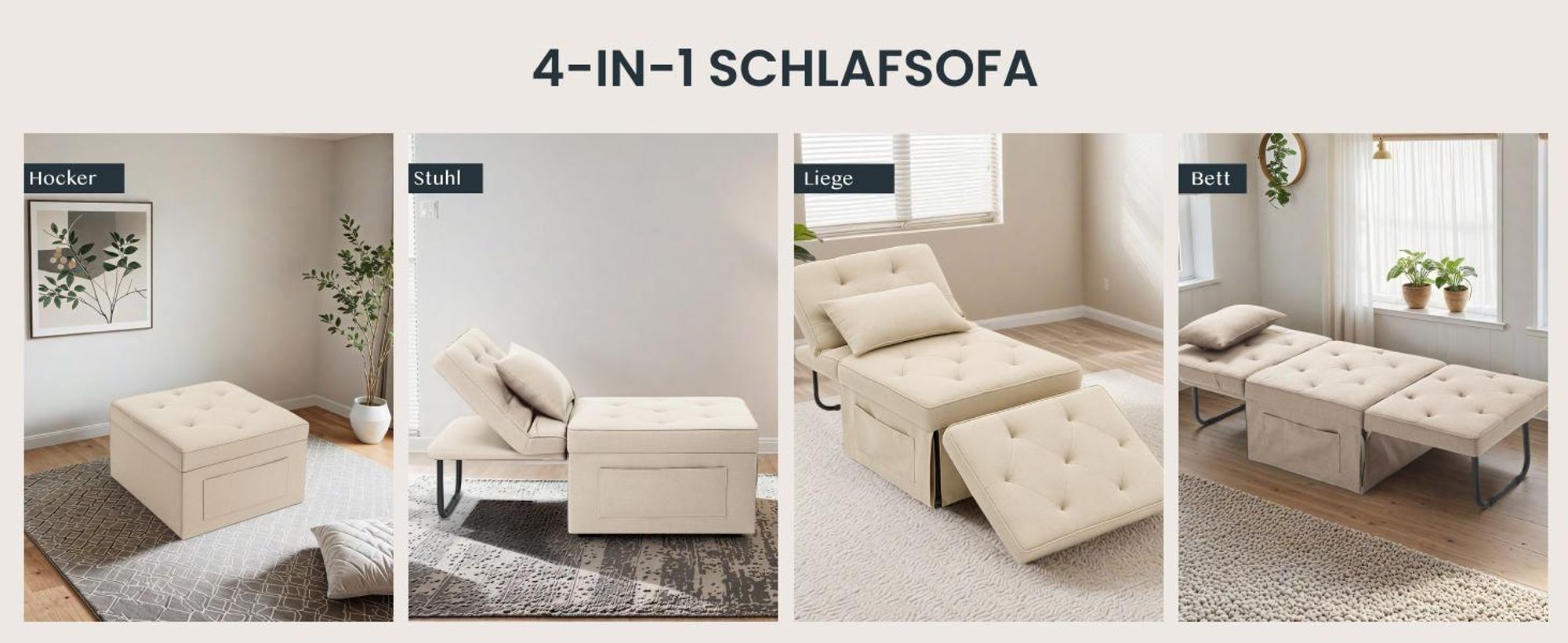 FLEXISPOT 4-in-1 Schlafsofa Klappbett Einzelsofa mit klappbarem Hocker, Kissen & 5-fach verstellbarer Rückenlehne, Schlafsessel für Gästezimmer Beige