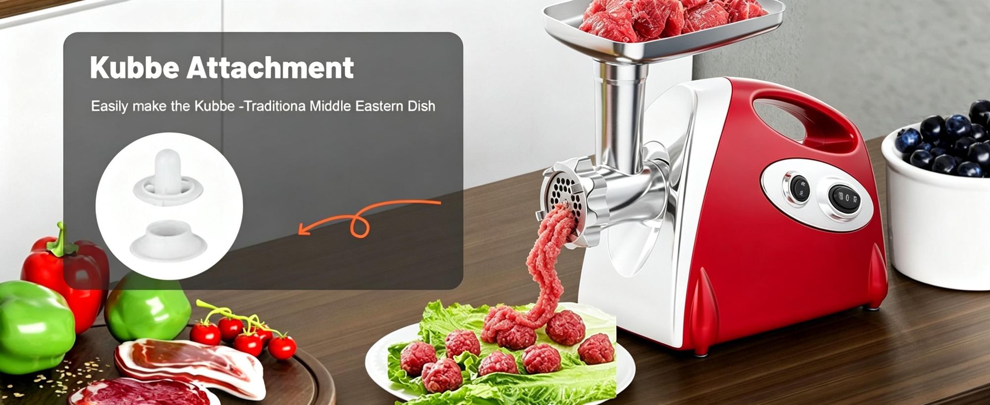 2800W Elektrischer Fleischwolf, 3in1 Multi Küchenmaschine,Super-intelligenter Wärmeschutz,Wurstmaschine mit 3 Lochscheiben, 4 Kegel-Klingen,rot