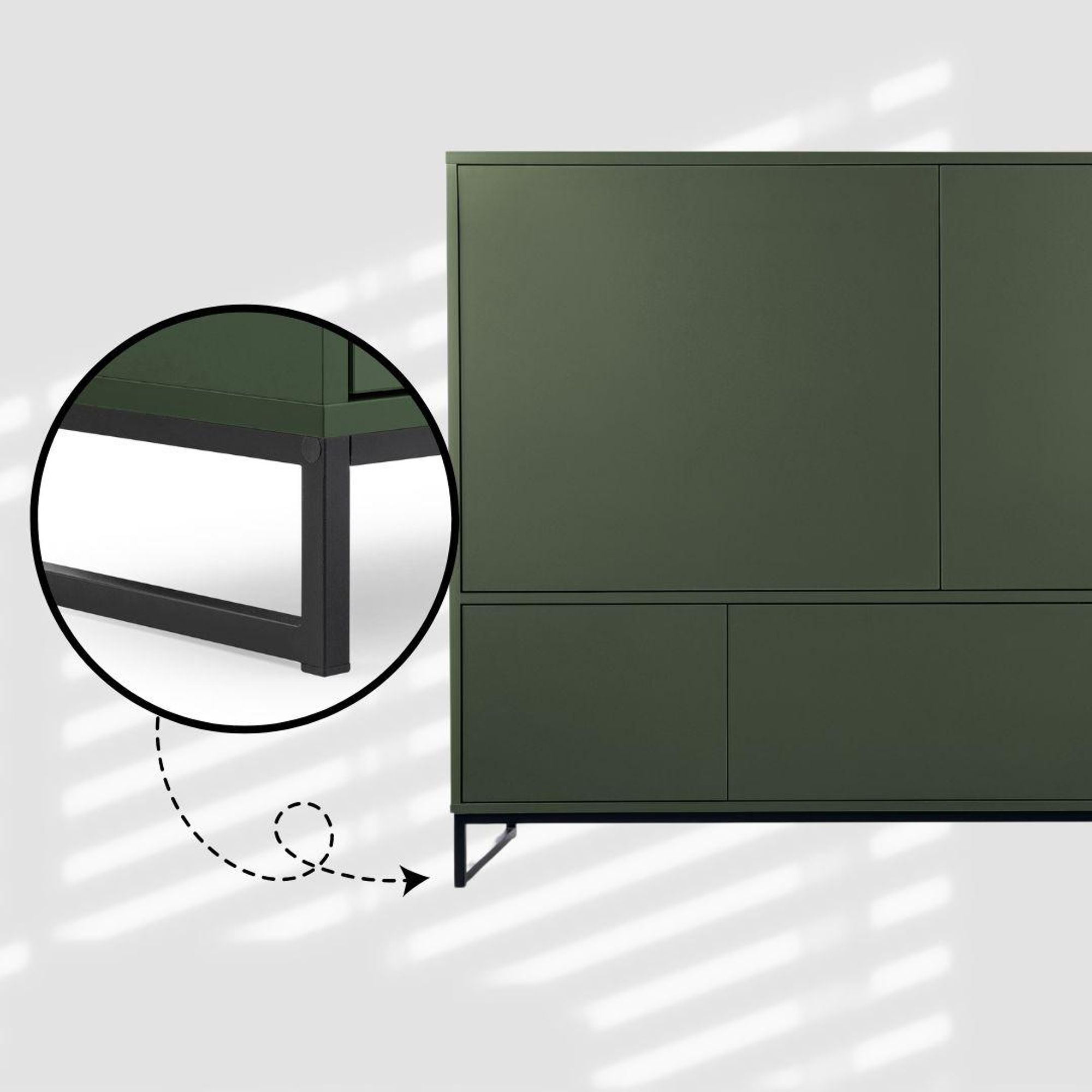BETTSO Kommode GENUA Türkommode für Wohnzimmer und Schlafzimmer Flaschengrün Metallbeine 160x45x120