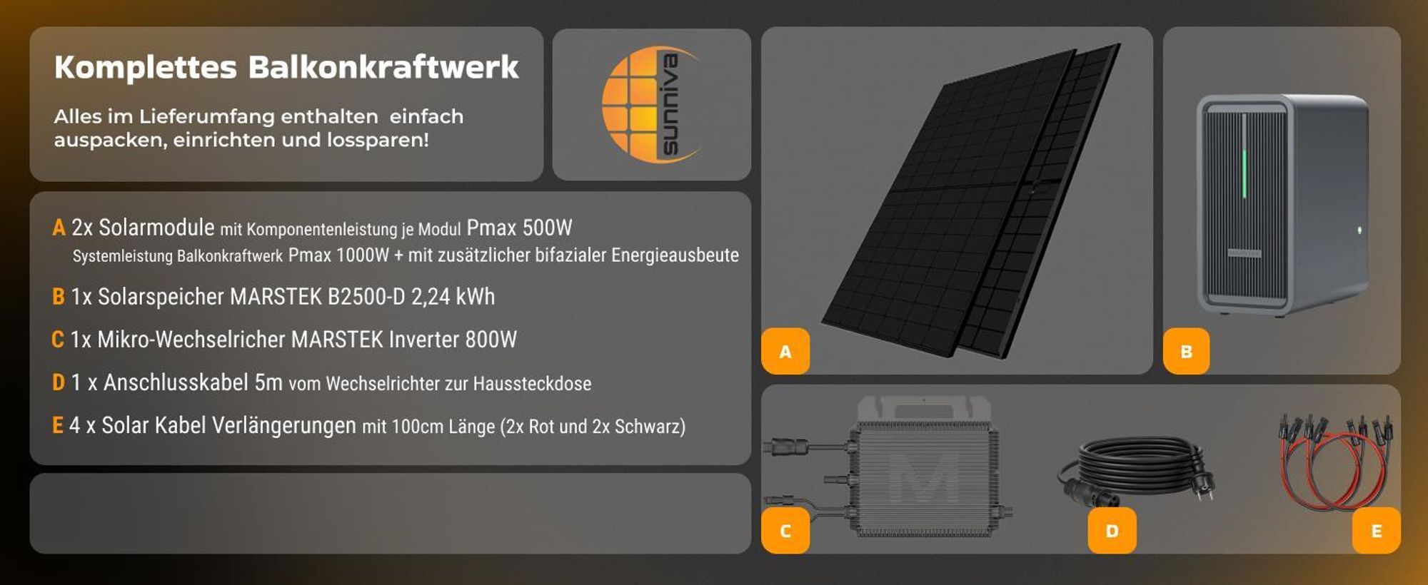 SUNNIVA® 1000W Balkonkraftwerk mit 2,24 kWh Speicher MARSTEK B2500-D, 2x 500W BIFAZIAL FULLBLACK komplett Steckdose, PV Solaranlage + Solarspeicher