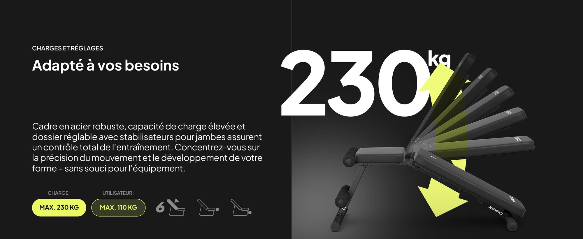 Banc de musculation pliable Zipro Tempo – Banc d'entraînement réglable pour la maison Banc incliné Banc négatif avec extenseurs Charge maximale 230 kg Idéal pour les haltères