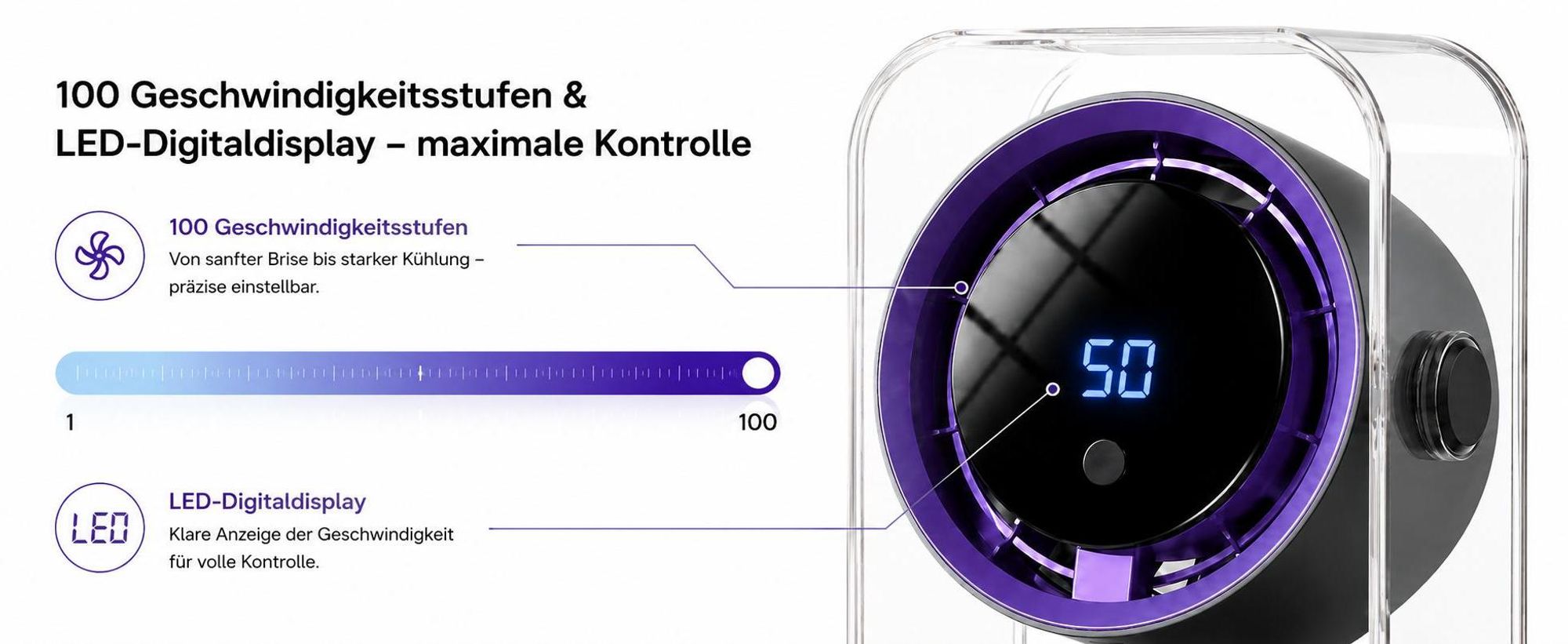 Tischventilator, USB Ventilator, 720° einstellbar, 3 Timer-Stufen (3/6/9h), 100 Geschwindigkeiten, Ventilatoren leise, LED display, Überall einsetzbar