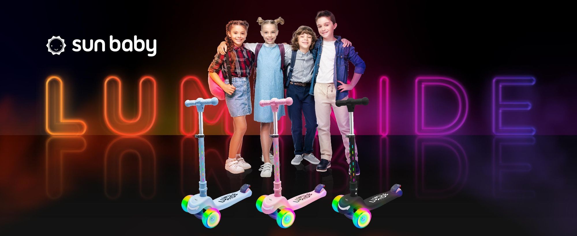 LUMI RIDE Trottinette pour enfants Trottinette à trois roues avec LED, freins arrière, hauteur réglable