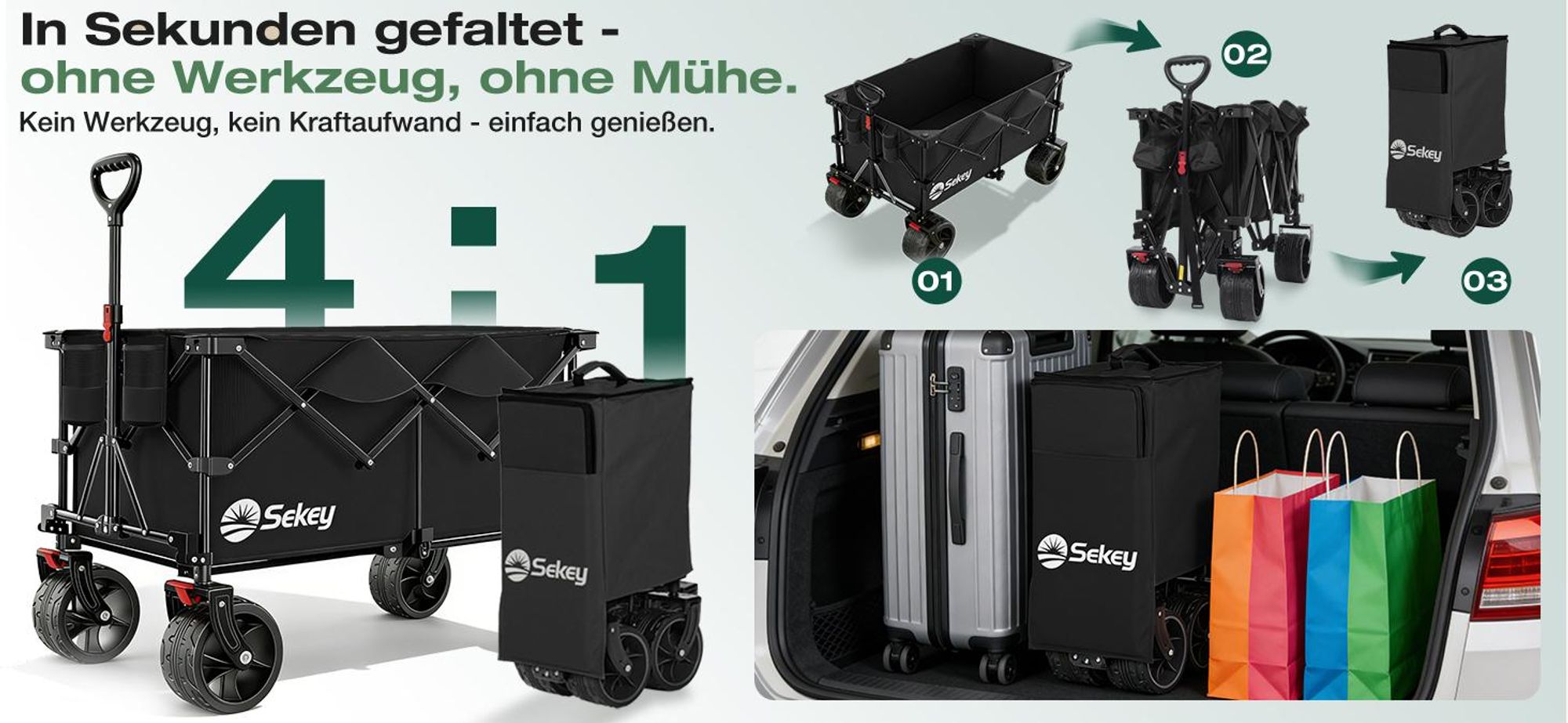 Sekey XXL Plus Bollerwagen Faltbar mit Extra Breite Räder, Faltbollerwagen belastbar 200kg Handwagen Klappbar Transportwagen, Schwarz
