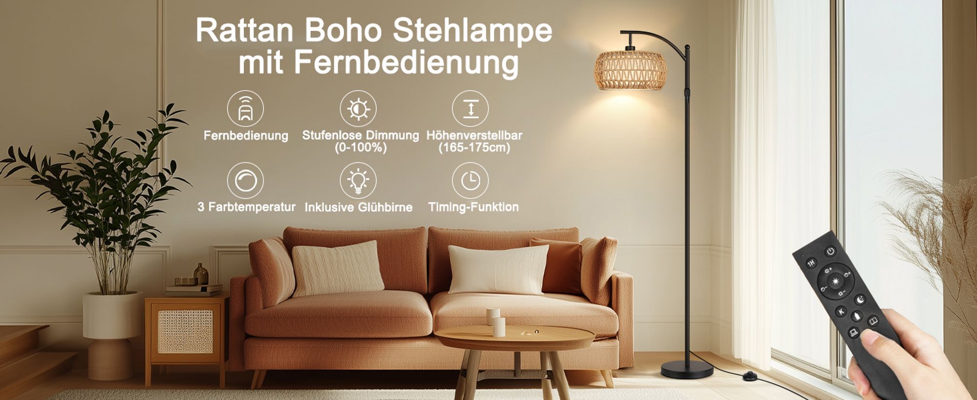 Rattan Stehlampe Boho Dimmbar Stehleuchte App-Steuerung Höhenverstellbar Standleuchte mit Fernbedienung für Schlafzimmer Wohnzimmer Büro