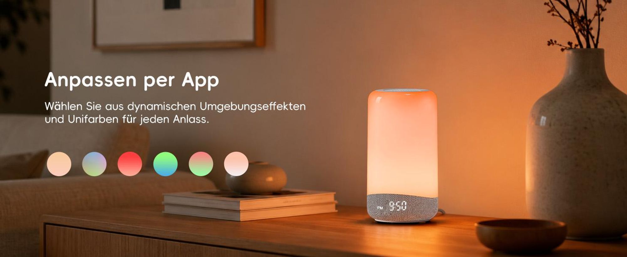 ecozy Tageslichtwecker 3-in-1 Lichtwecker Sonnenaufgangssimulation, Weißes Rauschen, Nachtlicht, mit 26 Klängen, 17 Lichteffekten und App-Steuerung