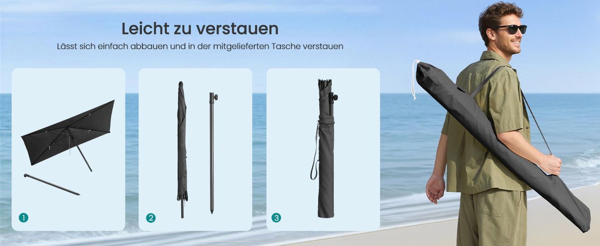 SONGMICS Sonnenschirm 232 x 149 cm, UPF 50+ Sonnenschutz für Garten Terrasse Strand, knickbar, ohne Ständer, grau