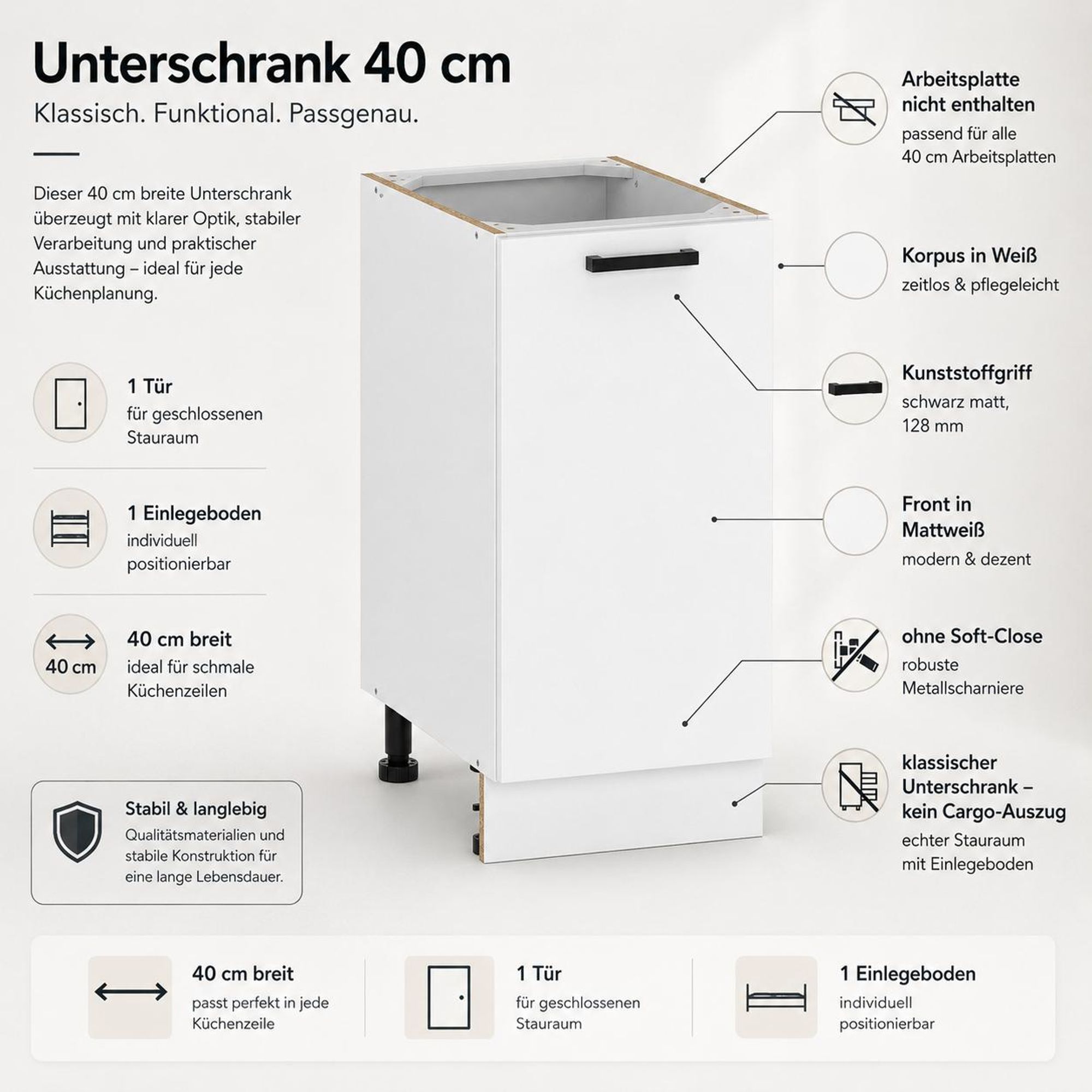 Küchenunterschrank Mattweiß: Details zu weißem Korpus, schwarzem Griff & Scharnieren.