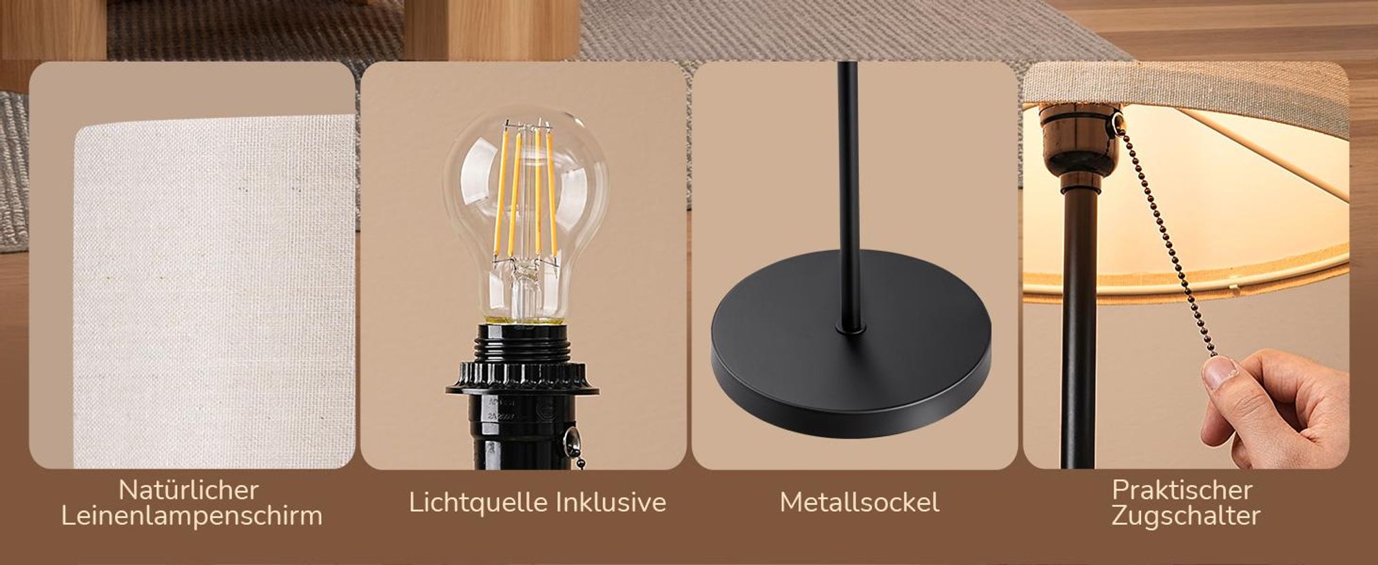 EDISHINE Stehlampe Wohnzimmer, Moderne Stehleuchte mit Leinen-Lampenschirm & schwarzm Metallgestell, für Schlafzimmer Büro, 145cm