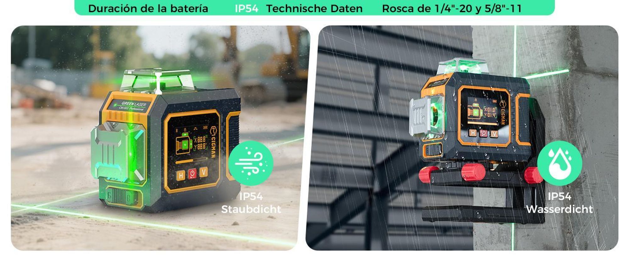 CIGMAN CM-S03 Kreuzlinienlaser 3x360° Grün mit App & LCD-Display