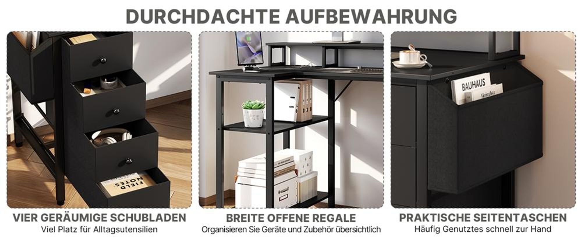 Yaheetech L-förmiger Computertisch, Schreibtisch mit Ladestation, umkehrbarer Gaming-Tisch, mit Monitorhalterung & Aufbewahrungstasche, Schwarz