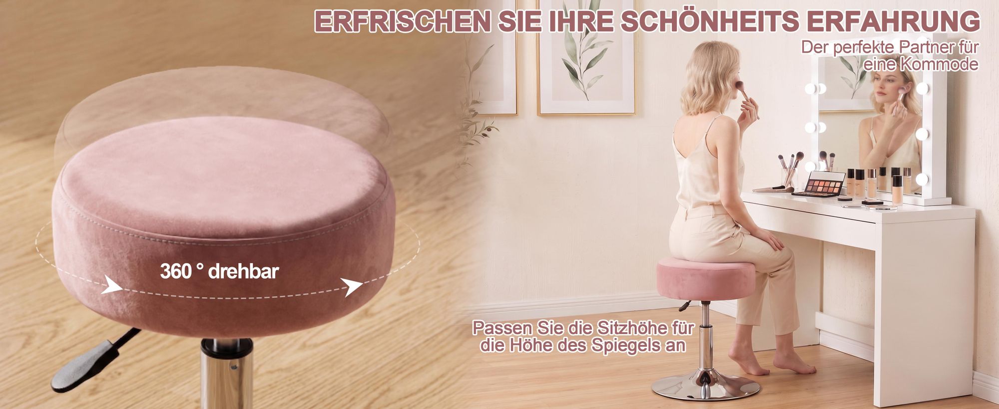 Duhome Drehhocker Höhenverstellbar Schminkhocker aus Samt Sitzhocker mit Polsterung Barhocker Drehbar für Schlafzimmer Wohnzimmer Bistro, Rosa