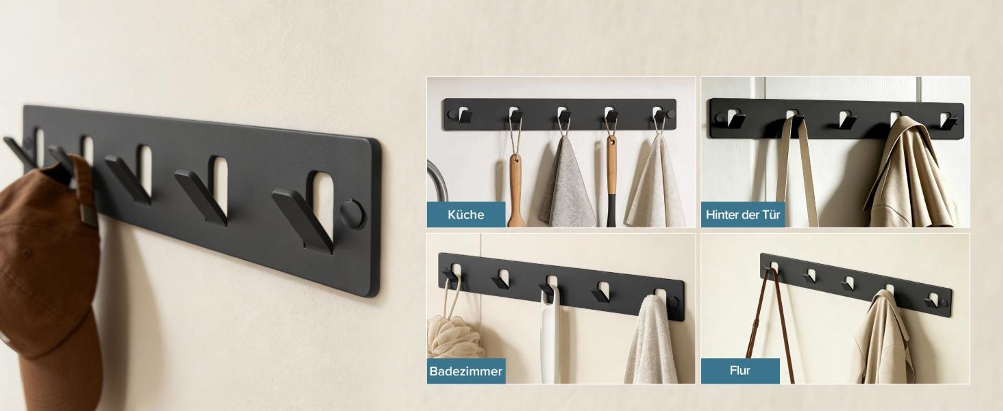 doporro Garderobenleiste mit 5 Haken, Wandgarderobe mit Garderobenhaken, Kleiderhaken Wand, selbstklebend oder zum Bohren, Schwarz, Stalo-14