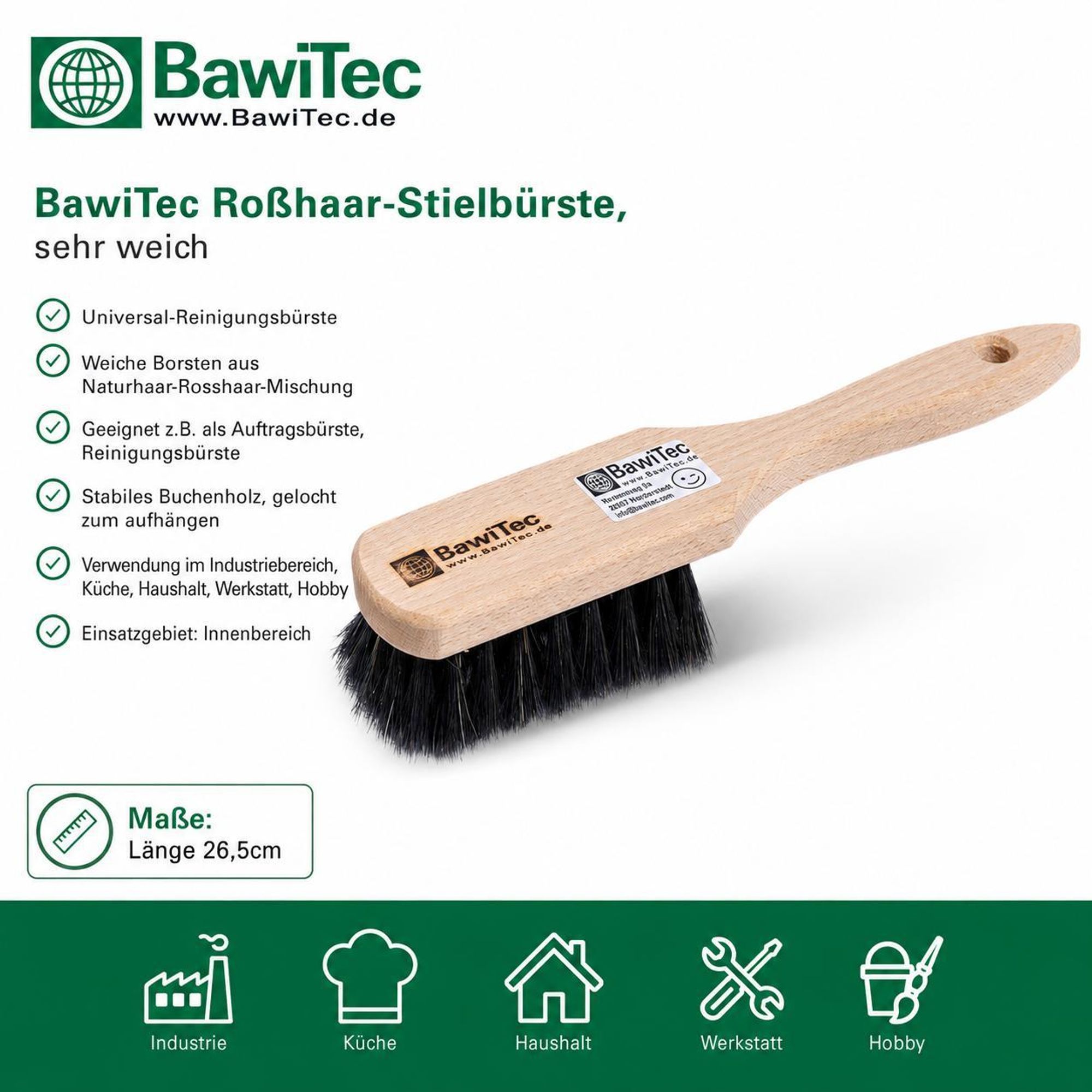 Holz Stielbürste 265mm Lang sehr weiche Rosshaar-Naturhaar-Borsten mit Bart/Rand Reinigungsbürste Auftragbürste Holzbürste Handbürste