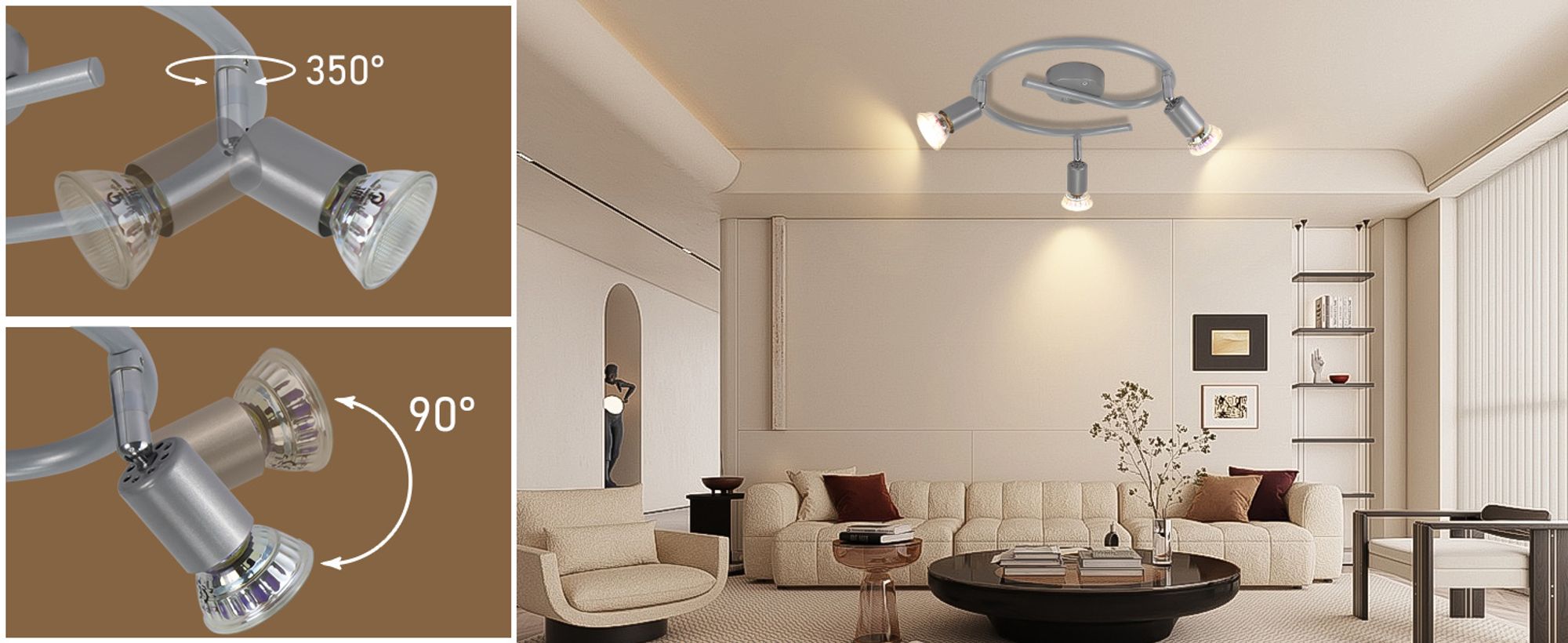 ZMH LED Deckenstrahler Schwenkbar GU10 Glänzendes Silber Deckenlampe Deckenspots 3 Flammig Deckenleuchten Industrial Wohnzimmer Schlafzimmer Küchen Leuchtmittel Enthalten