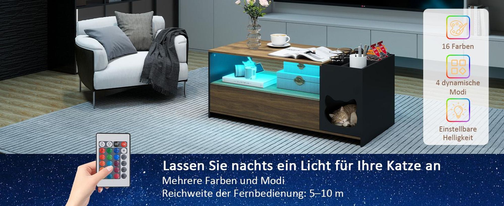 Puluomis Couchtisch mit Schublade, RGB LED Beleuchtung und Fernbedienung, Kaffeetisch mit Katzenhaus, Katzentisch Großes Staufach , für Wohnzimmer