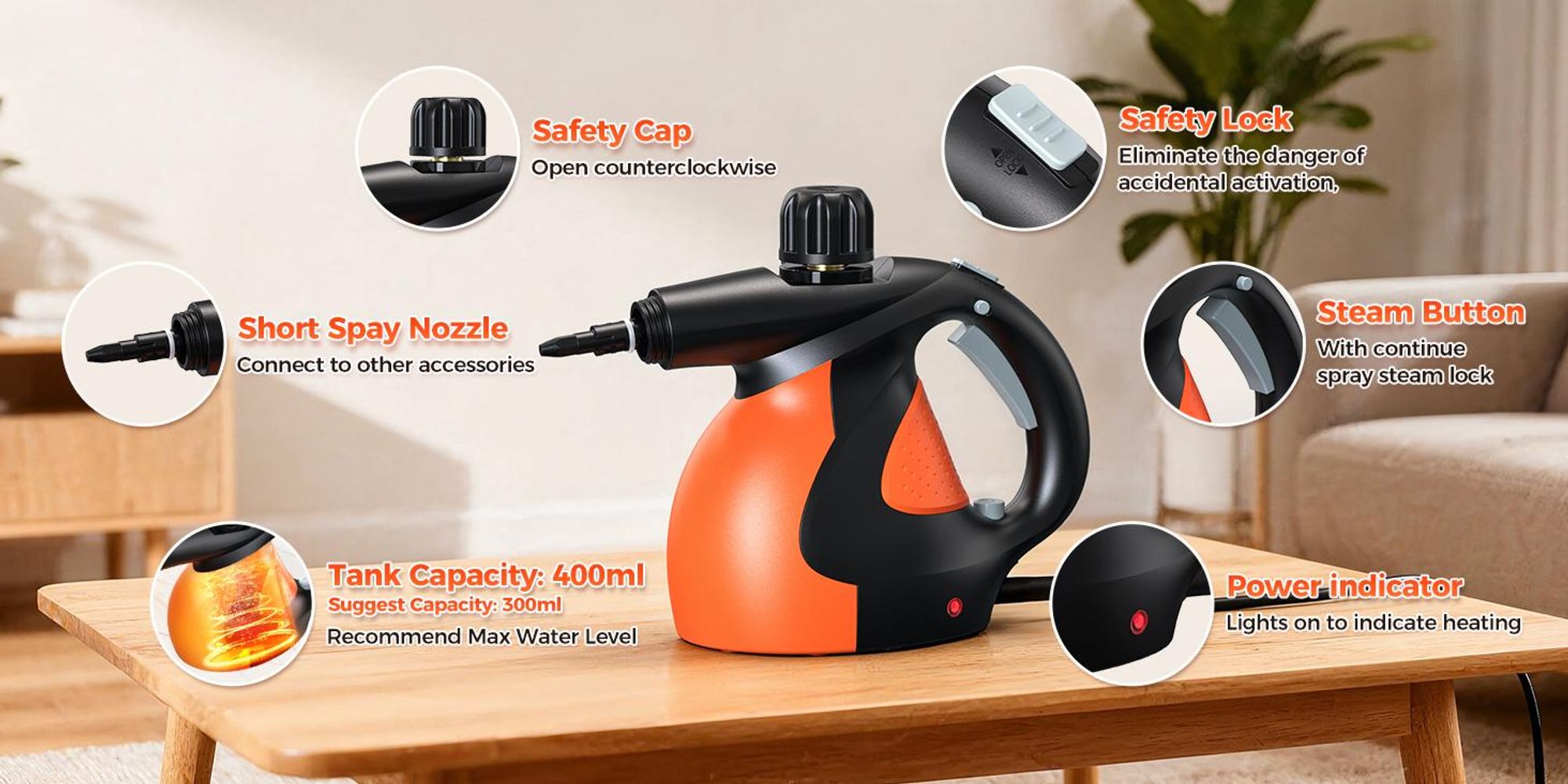 Dampfreiniger 1400W 4 Druckleisten Tragbarer Handdampfreinhiger mit 9 Zubehörteilen Haushaltsdampfreiniger mit 0,4L Wassertank für Küche, Bad, Auto