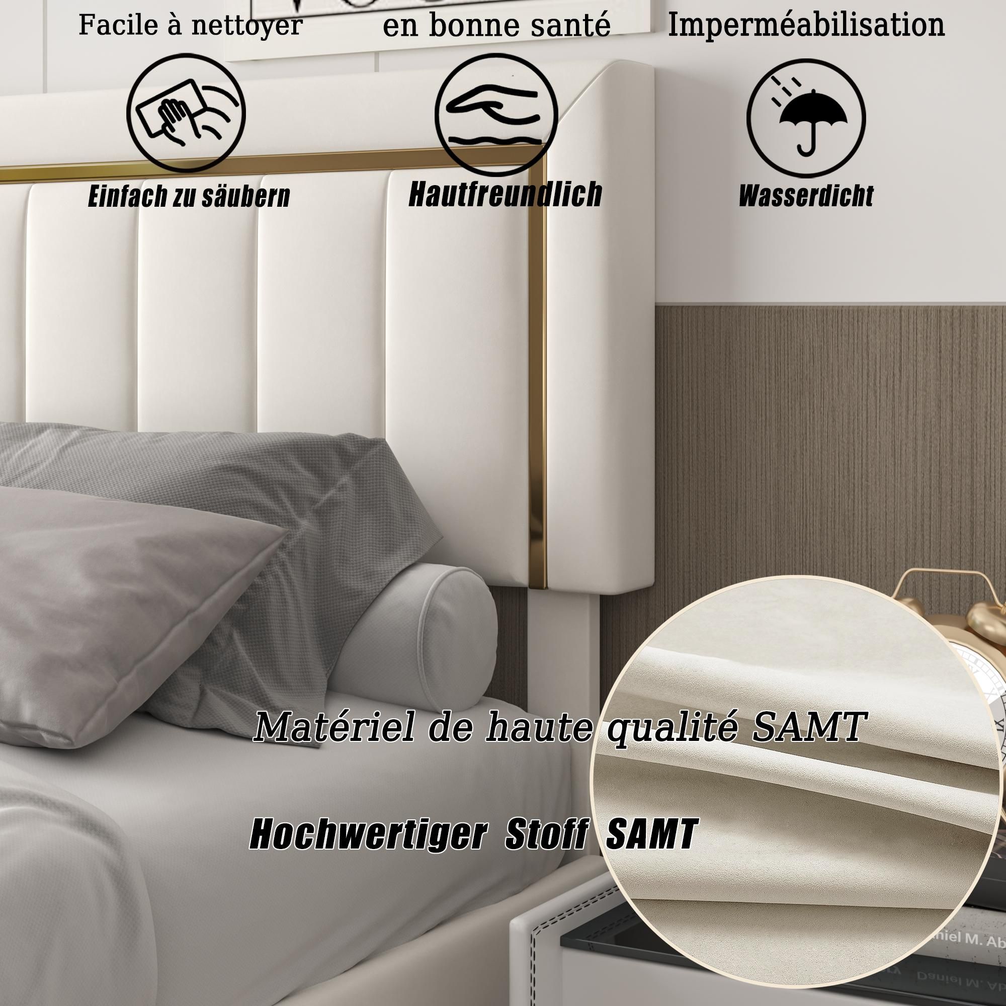 Polsterbett 160x200cm mit Stauraum und Lattenrost, Doppelbett mit Rückenlehne, Vergoldetem Rand Doppelbett Ehebett Funktionsbett aus Samt, Beige