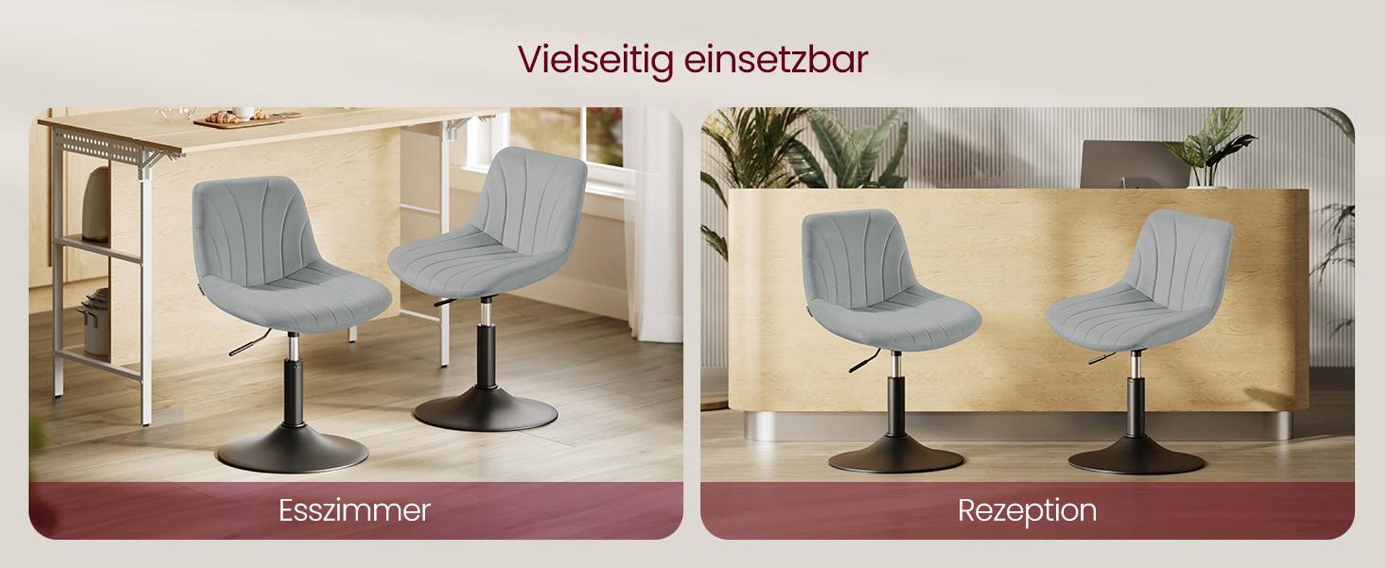 VASAGLE Schminkstuhl, Stizhocker, 65,5-77,5 cm höhenverstellbar, Barhocker, drehbar, Samt-Bezug, grau