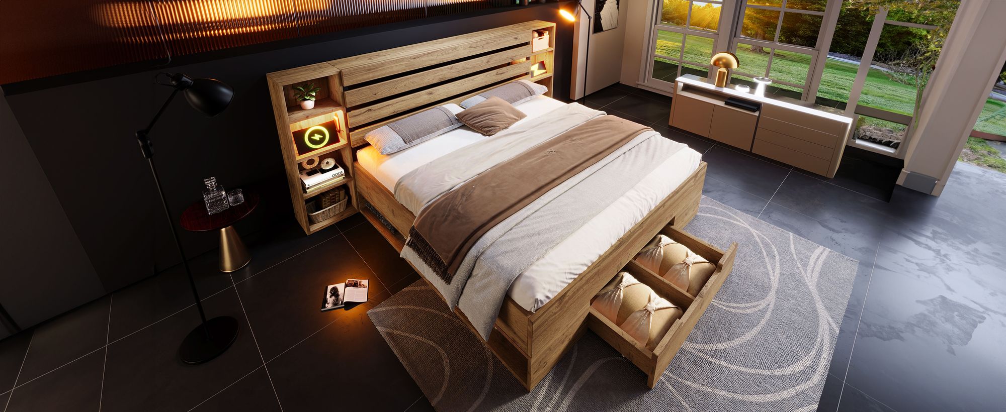 MODFU Doppelbett Massivholzbett 180×200cm mit LED-Beleuchtung und USB C Stauraum-Kopfteil und Schubladen, Bettgestell mit Lattenrost, Eiche(Ohne Matratze)