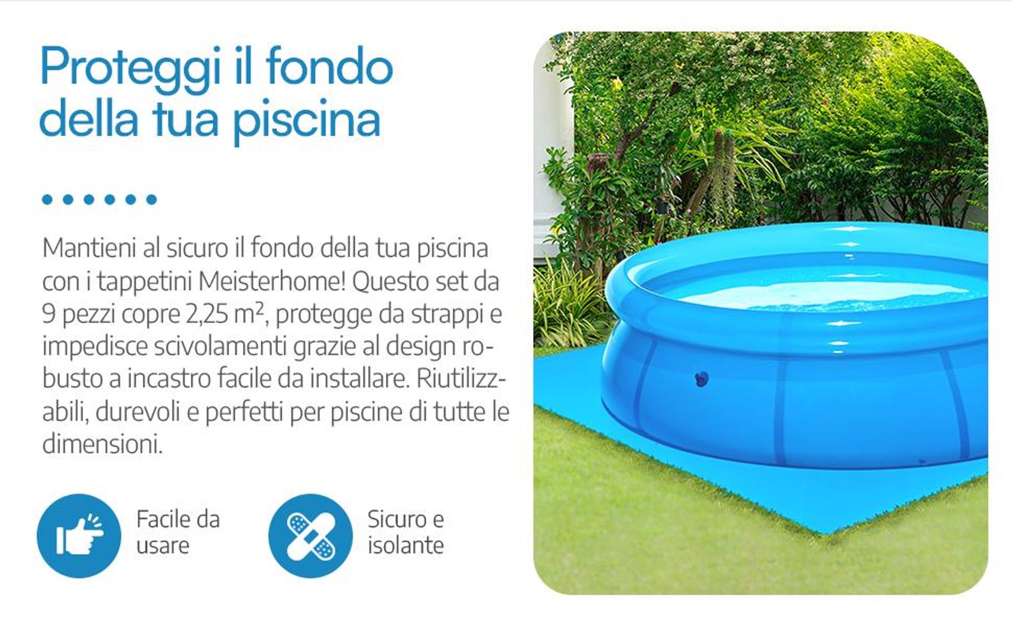 Tappetini per piscina Meisterhome® - Set da 9 pezzi da 50x50 cm (2,25 m²) - Tappetini protettivi per il fondo della piscina e della vaschetta per bambini