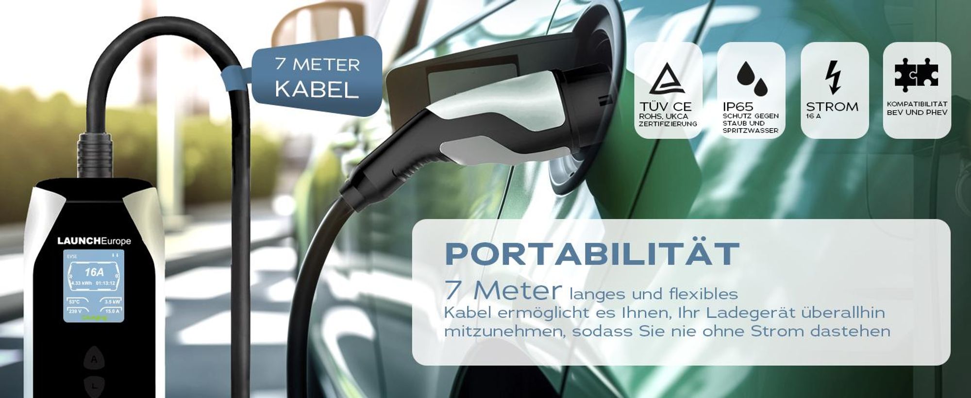 LAUNCH Tragbares Elektroauto-Ladegerät 3,68 kW 16A 3-phasig Typ 2 - 7m Kabel mit Schuko-Stecker,250V,mit 0-12h verzögertes Laden