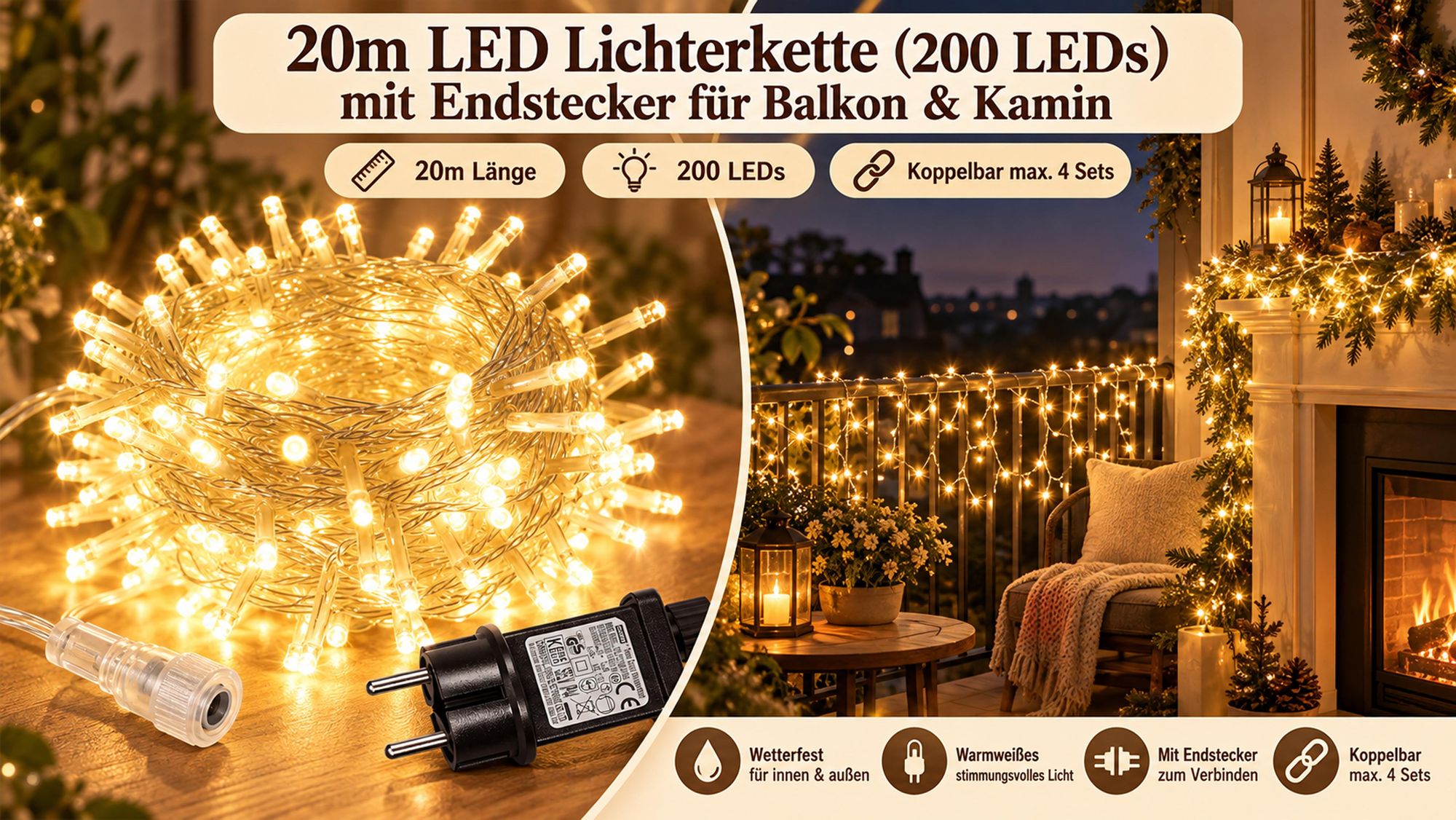 20M 200LEDs 8 Modi Lichterkette Strom, Timer, Merkfunktion, LED Weihnachten Lichterkette Party Deko Licht Weihnachtsbaum Garten Beleuchtung, Warmweiß