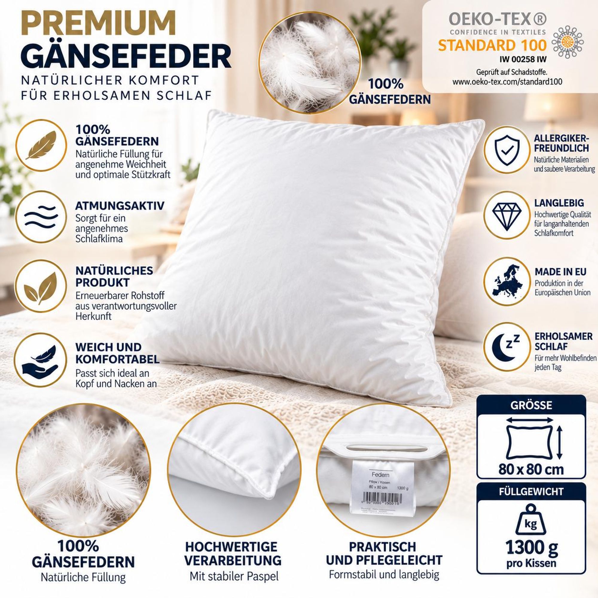 4er Set Federkissen 80x80 cm 1300 Gramm – Kopfkissen mit 100% Gänsefedern – Baumwollbezug 185 g/m² – Ganzjahreskissen