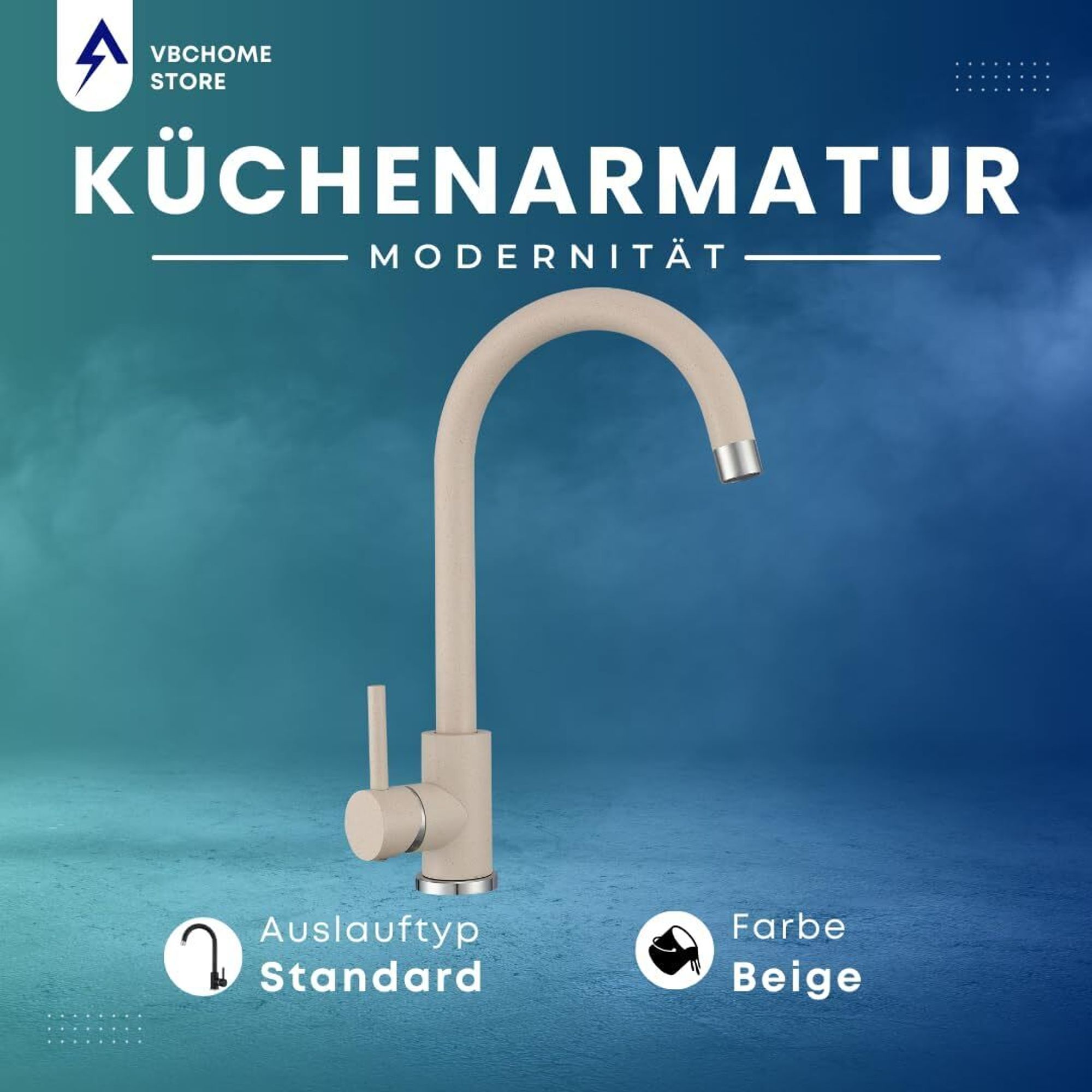 VBChome Küchenarmatur Beige Granitoptik 360° drehbar – Einhebel Mischbatterie für Spüle, Wasserhahn modern für Spültisch