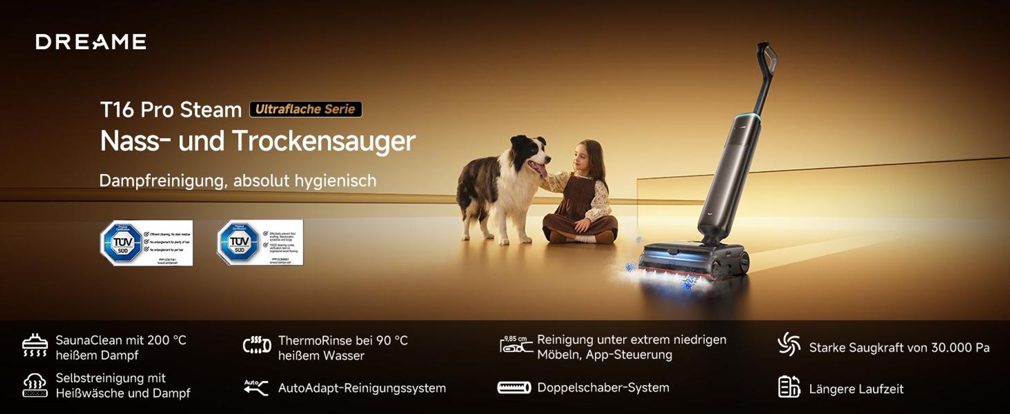 Dreame T16 Pro Steam Nass-und Trockensauger,30kPa Saugleistung Akku-Staubsauger,9,85cm ultraschlank,200℃ Dampf,90℃ Heißwasser,Selbstreinigend,LED,Gold