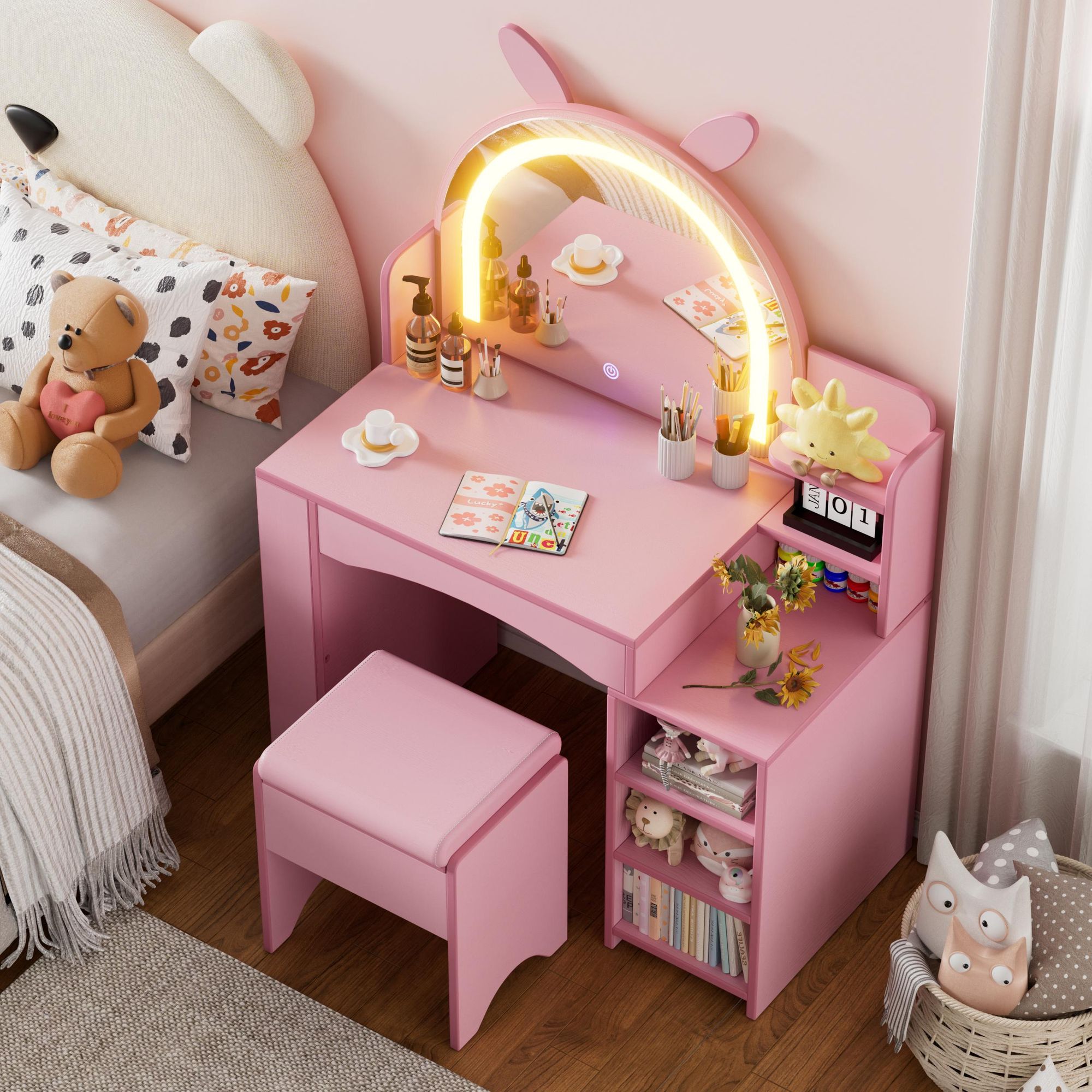 TWSOUL Schminktisch Kinder Schminktisch Set 3 in 1 mit LED-Spiegel, Hocker & Stauraum Frisiertisch für kleine Prinzessinnen, Rosa
