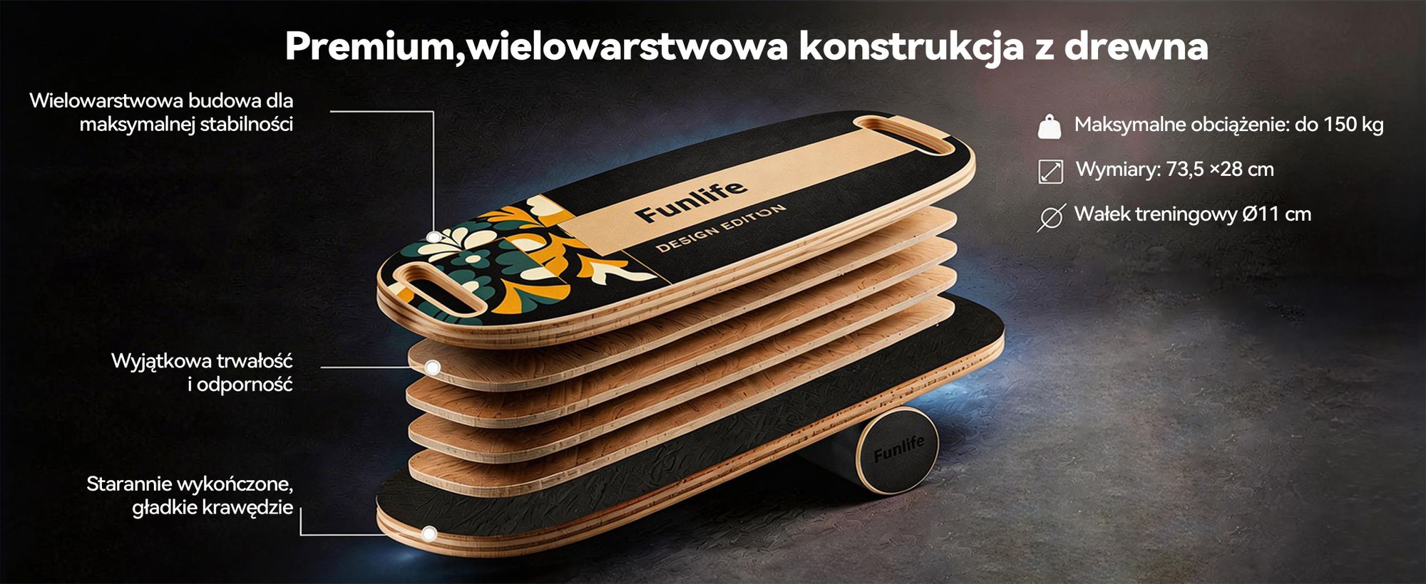 FunLife MOVE Deska równoważna z drewnianą podstawą i kółkiem – profesjonalny trenażer równowagi z 3-stopniowym systemem równowagi, trening mięśni tułowia, fitness i stabilność, do 150 kg