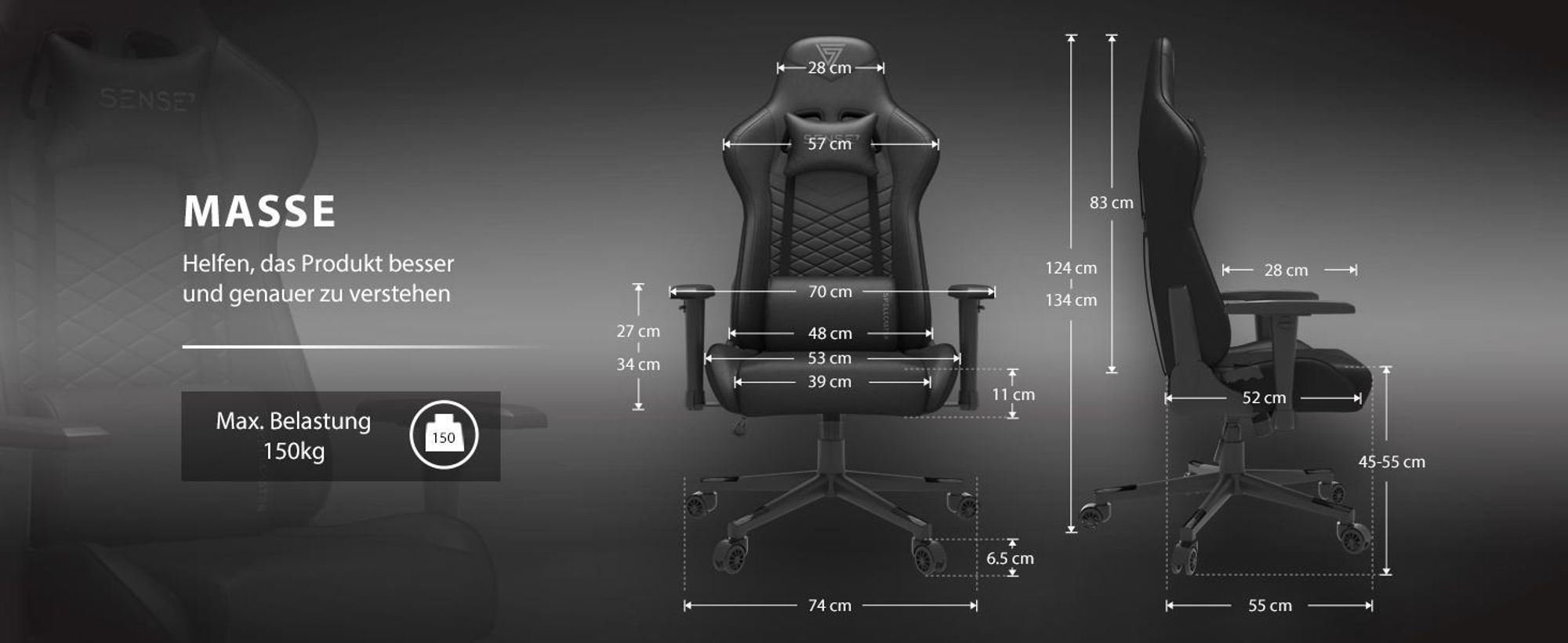 SENSE7 Spellcaster Gaming Stuhl Schwarz - Ergonomischer Bürostuhl PC Schreibtischstuhl Zockerstuhl 150 kg 2D-Armlehnen 160° Chefsessel