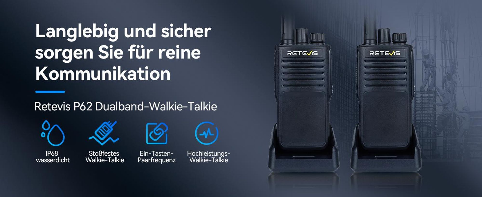 Retevis P62 Walkie Talkie Wasserdicht IP68, Langstrecken Funkgerät mit Lautsprechermikrofon, Dual Band Mann-Down-Alarm, 2500mAh Profi Funkgeräte Set