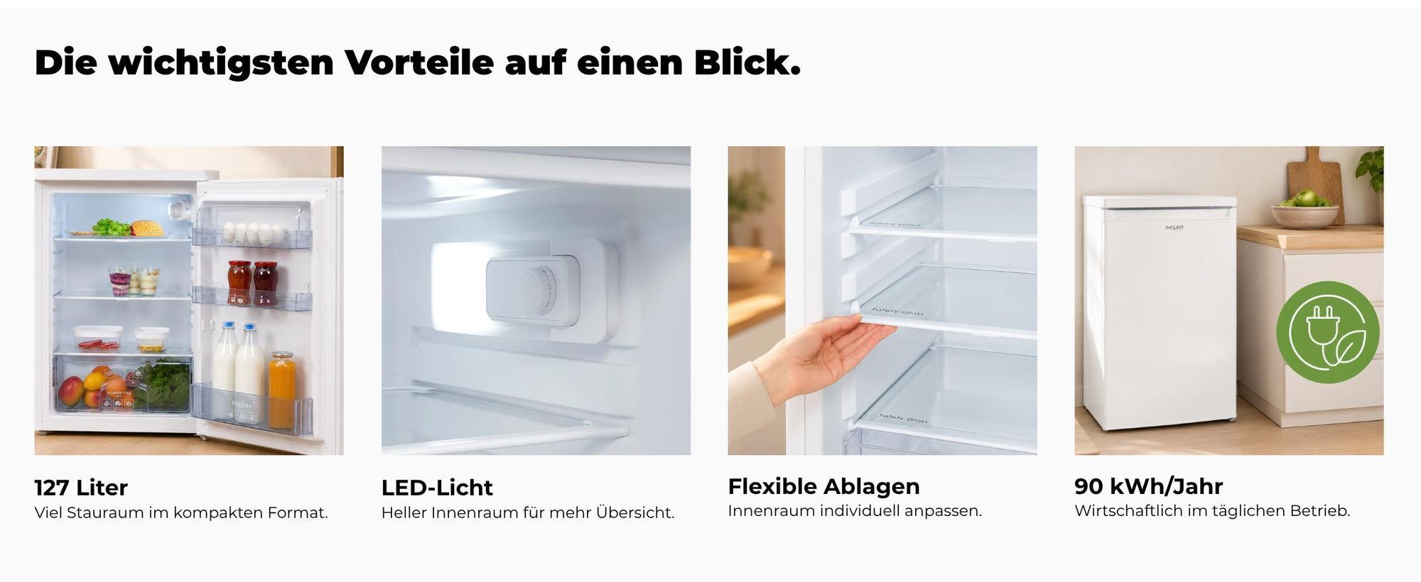 Exquisit Vollraumkühlschrank KS516-V-040E weiss | 127 l Nutzinhalt | LED-Licht | Temperaturregelung | mit Gemüsefach | mit Türablage