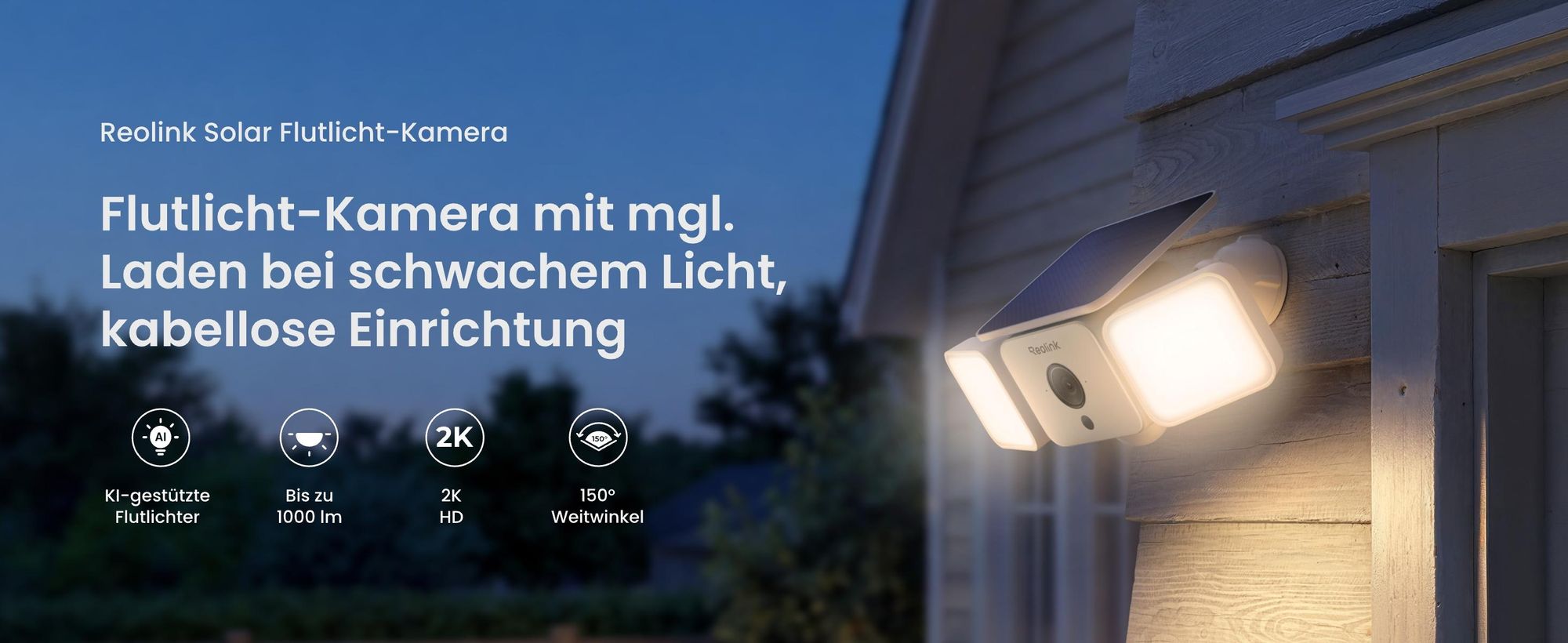 Reolink Solar Floodlight Cam, 2K 4MP 150° Wi-Fi 6 Solar Spotlight Überwachungskamera Outdoor , SolarEase™ Laden, Ton- & Lichtalarm, Smart-Erkennung