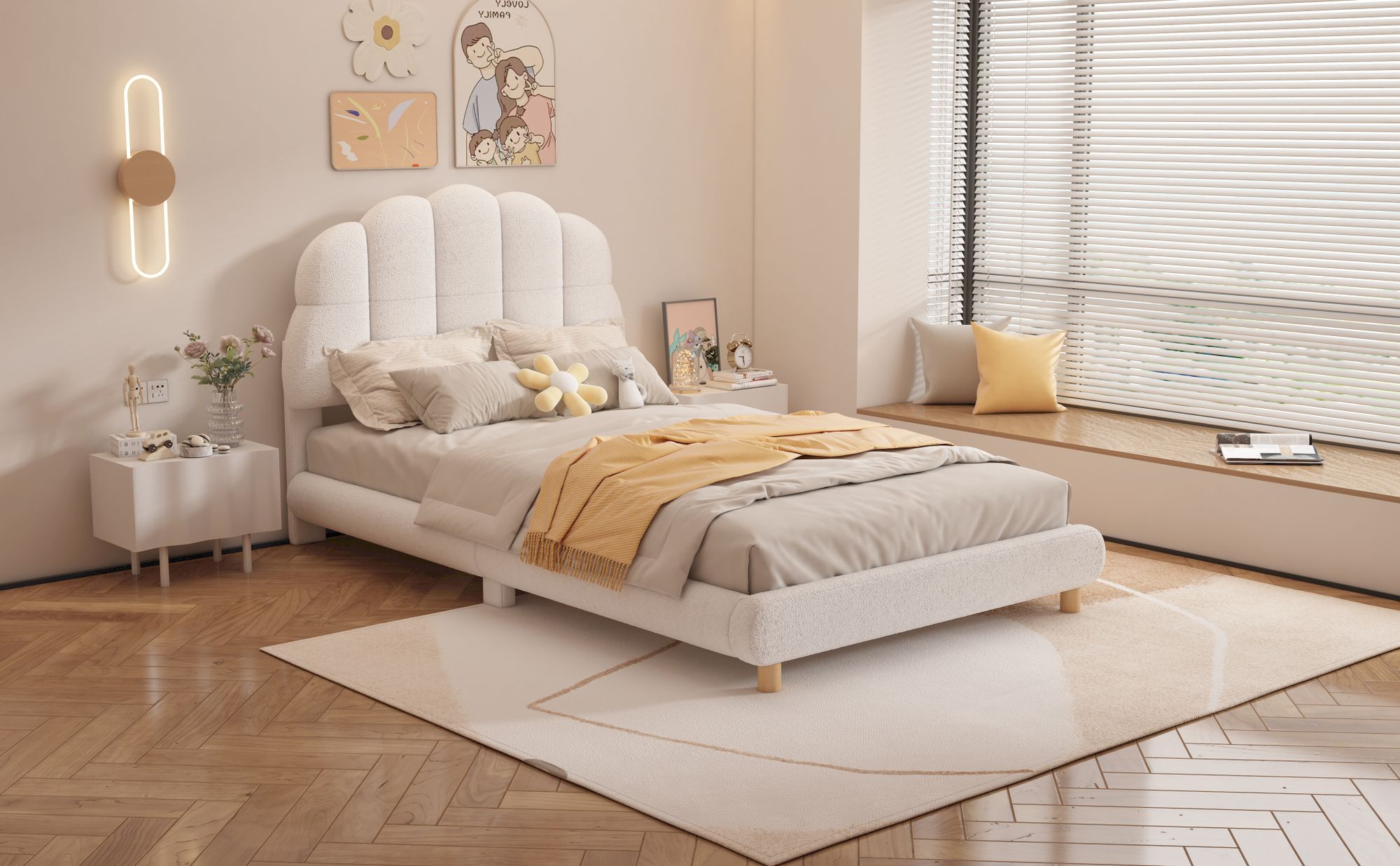 MODFU Polsterbett Kinderbett 90 x 200 mit halbkreisförmige Kopfteil,Flachbett,Jugendbett mit Lattenrost,Klassische Bett,Plush,Weiß(ohne Matratze)