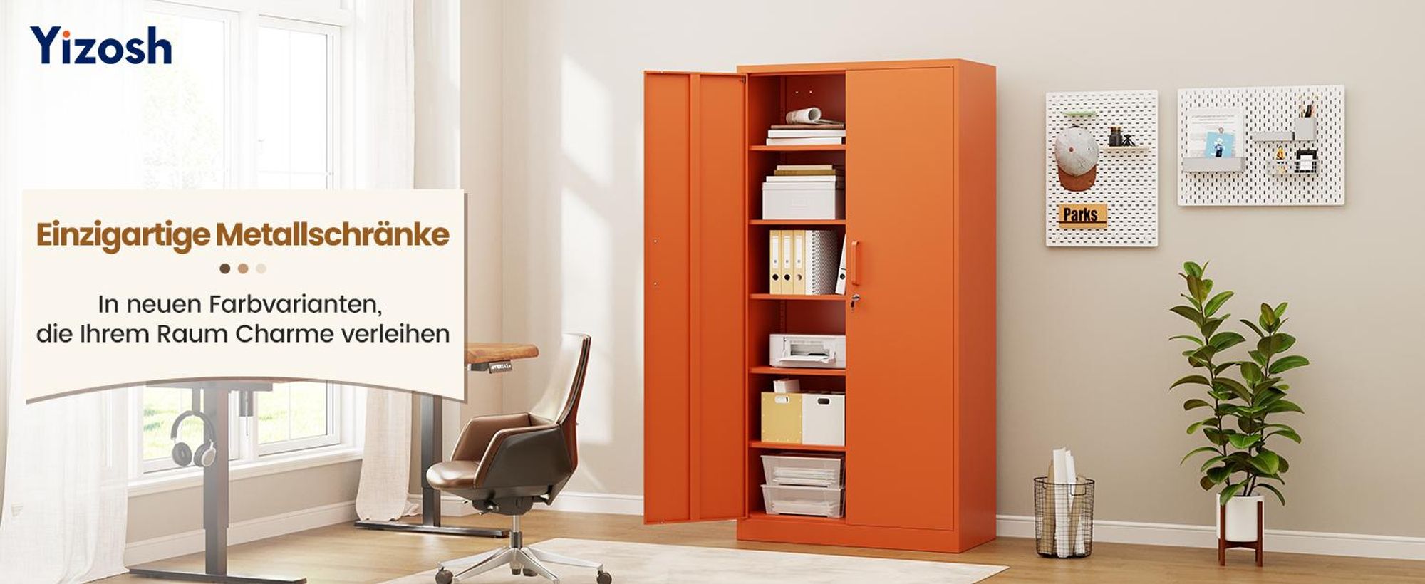 Yizosh Stahlschrank für Büro & Werkstatt | 78x39x170 cm | 6 Böden (à 80kg) | Orange