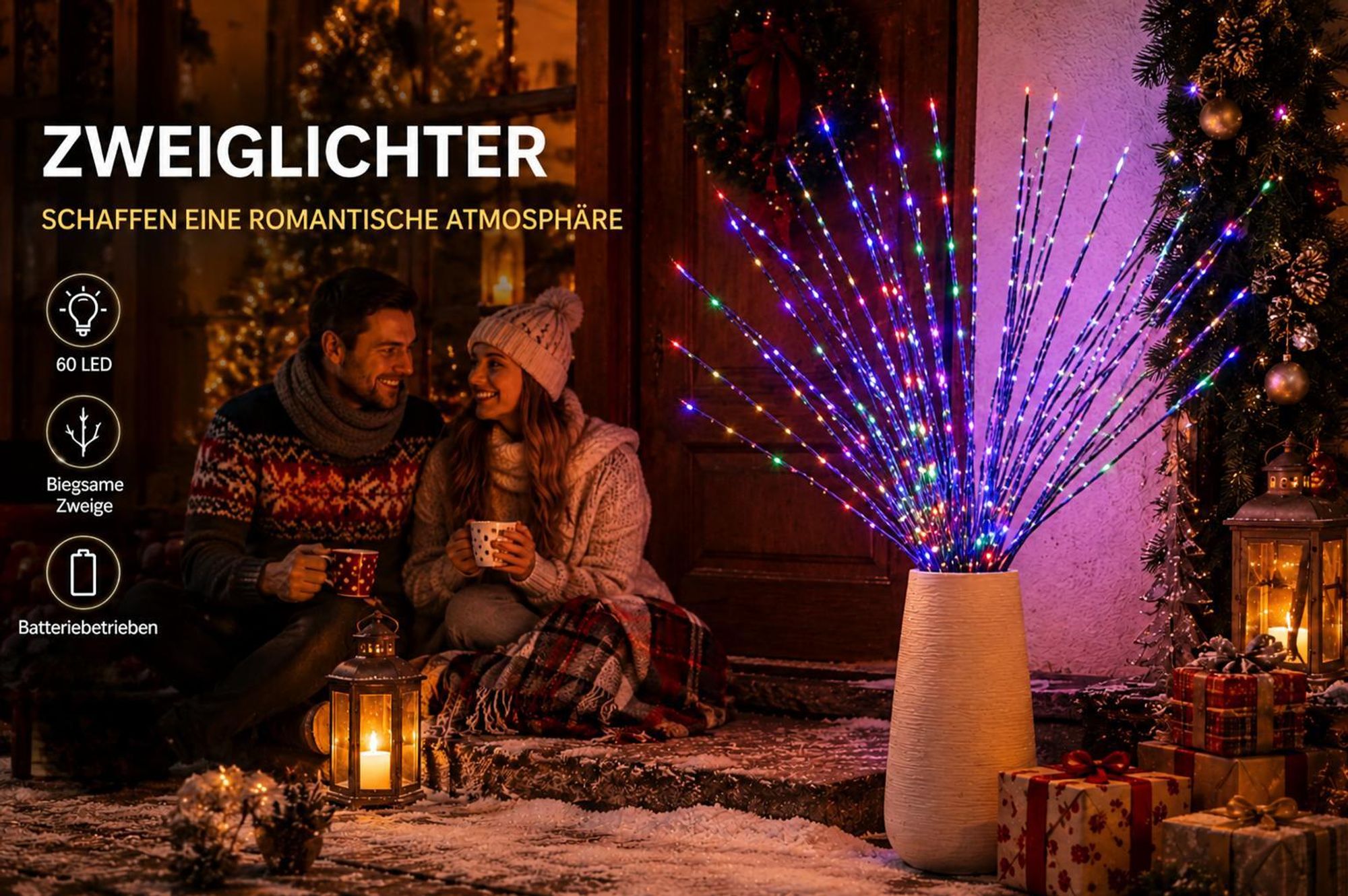 3er Set LED Weihnachtsdeko Lichtzweige, Bunte Baumzweiglichter Batteriebetrieben, Vasen Deko, Weihnachtsbeleuchtung für Wohnzimmer Party, Tischdeko