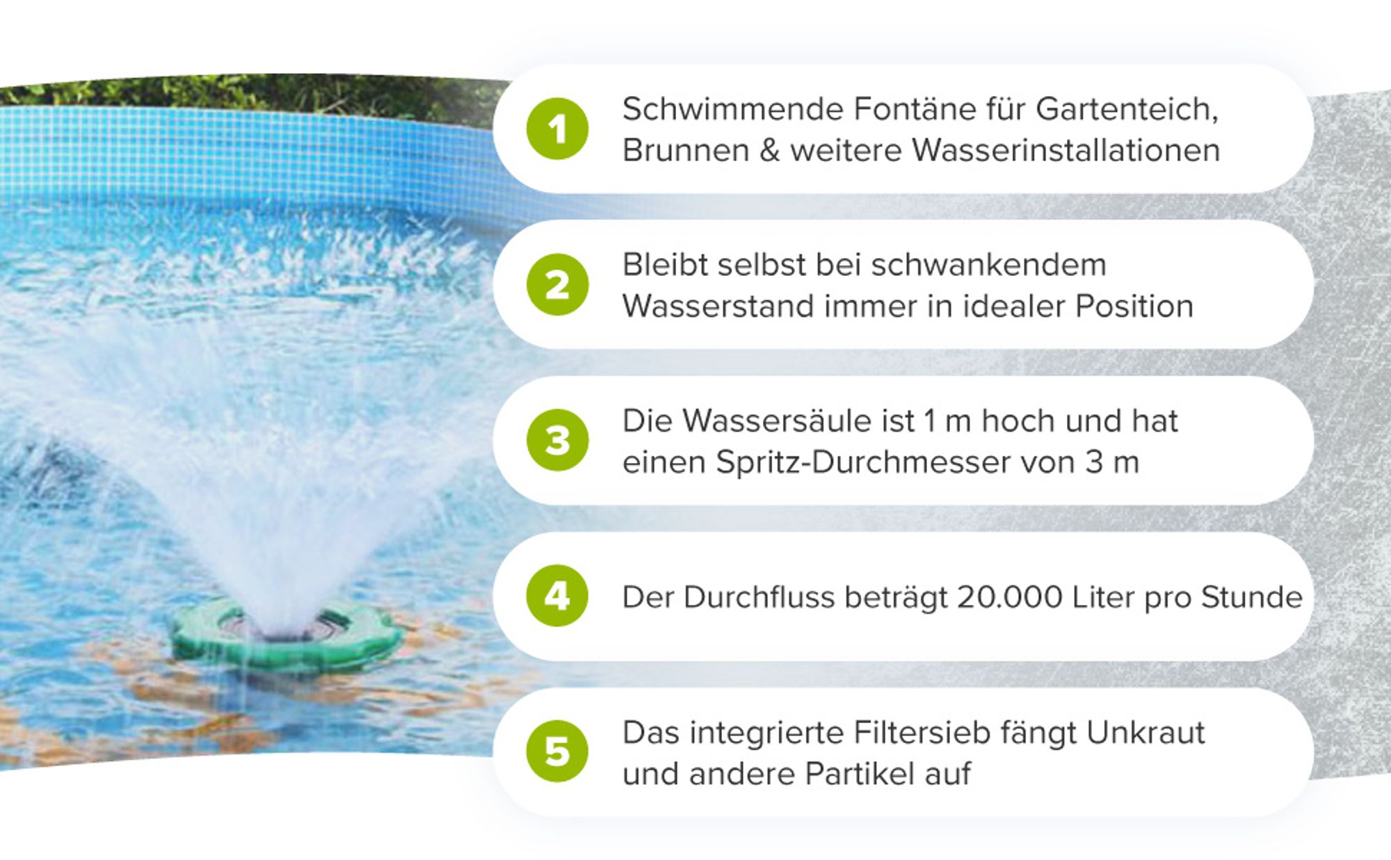 SunSun COP-10000 Schwimmende Fontäne 20000l/h, 90W, Wassersäule mit 1m Höhe & 3 m Durchmesser zur Belüftung des Teiches mit Filtersieb