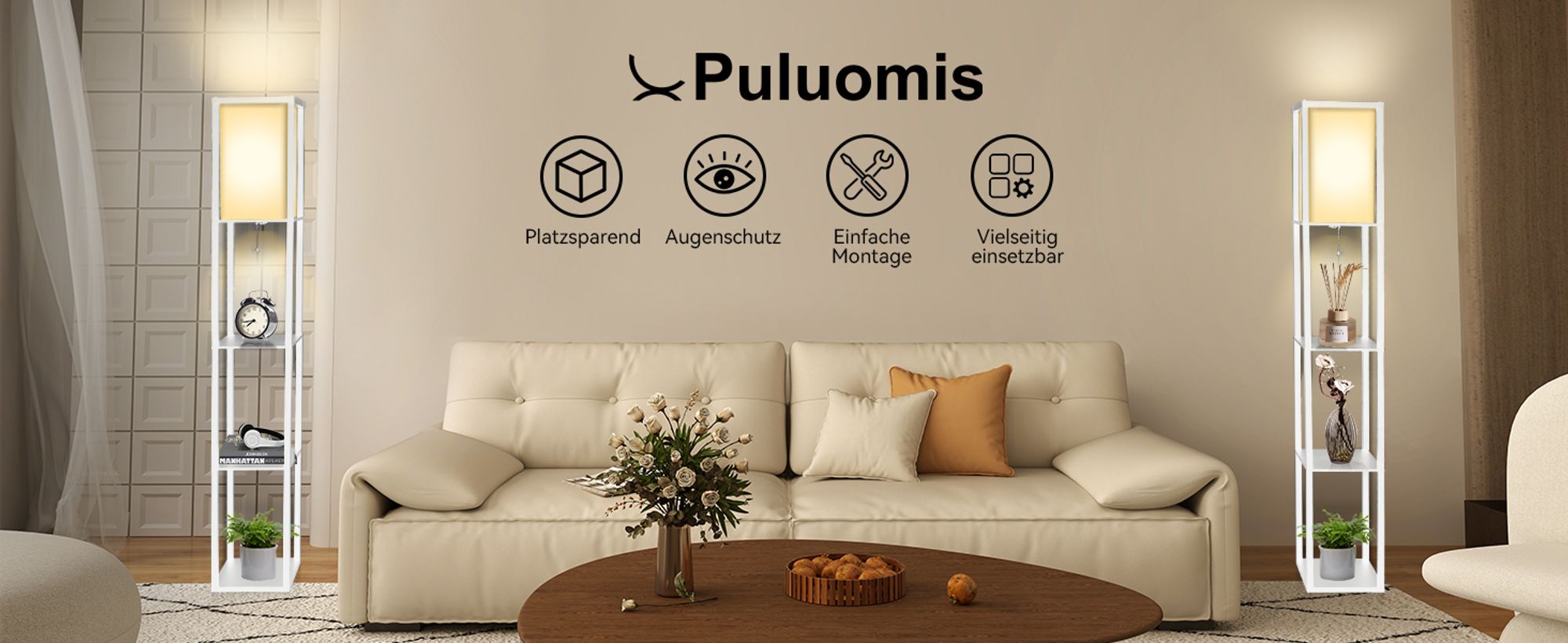 Puluomis 3 Ebene Stehlampe Stehleuchte Bodenlampe 160cm E27 Innenbeleuchtung Holz Weiß